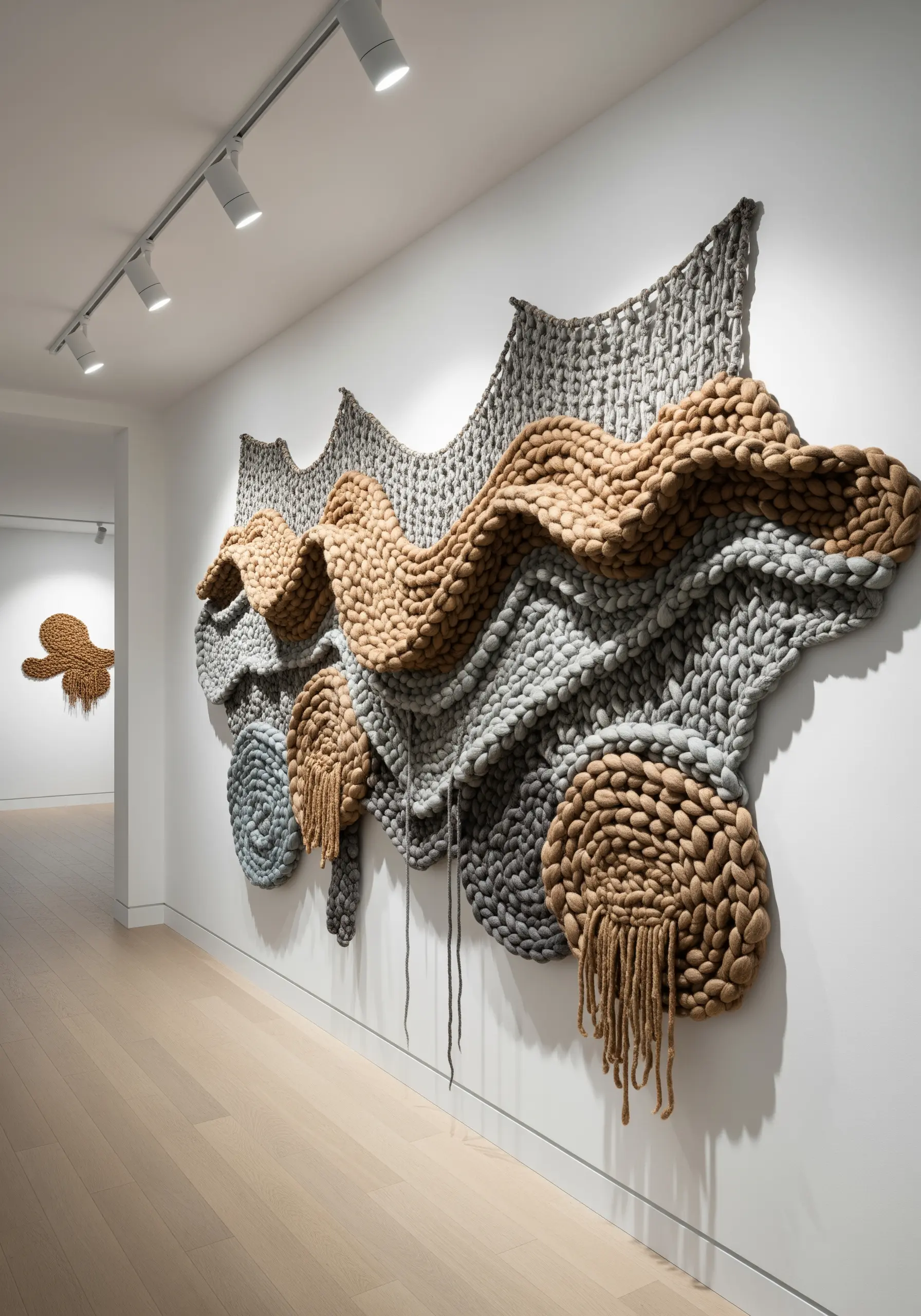 A large, abstract fiber art installation on a gallery wall, made from chunky knitted yarn
