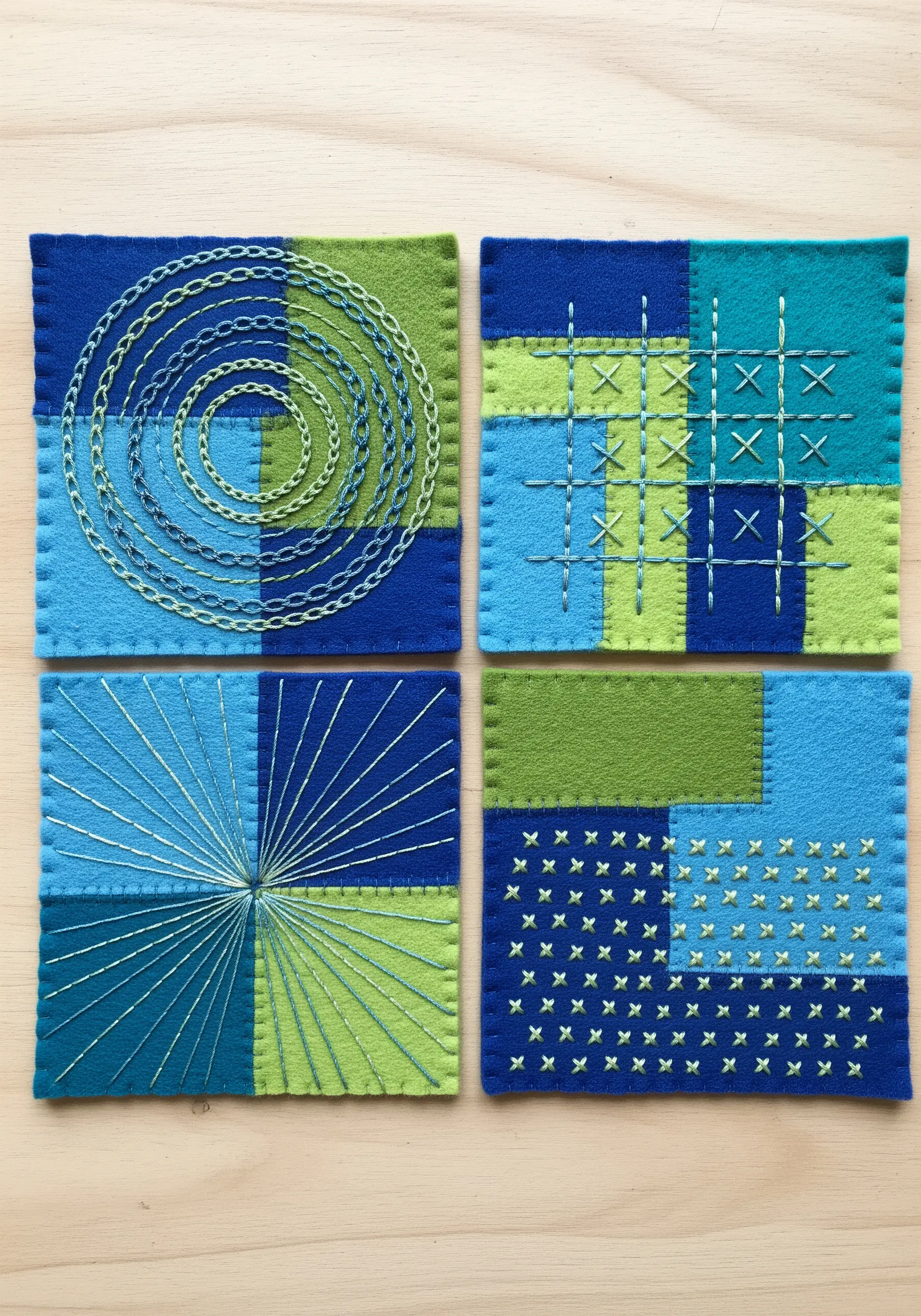 Four felt coasters with blue and green patchwork, each featuring a different geometric stitch pattern.