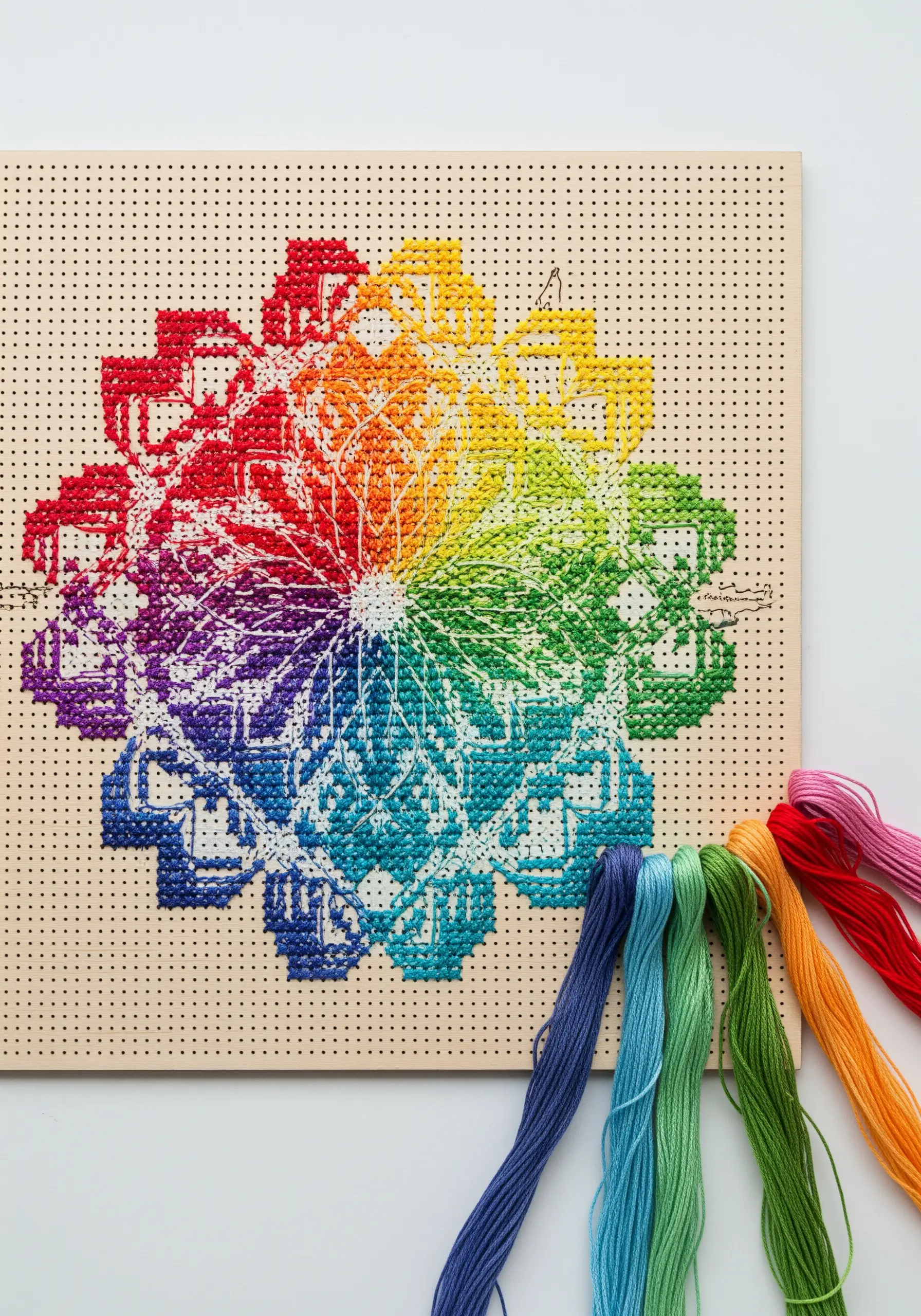 A rainbow mandala cross-stitched onto a square perforated wooden board.