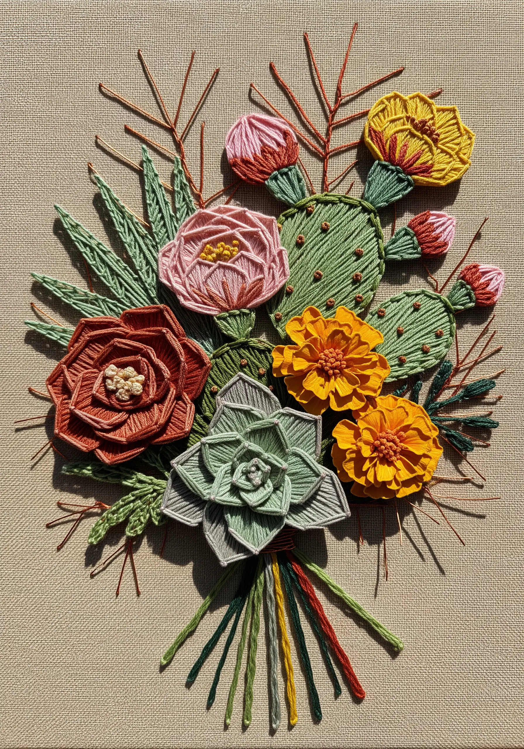 A 3D embroidered bouquet of desert flowers, including a succulent, cactus, and marigolds.