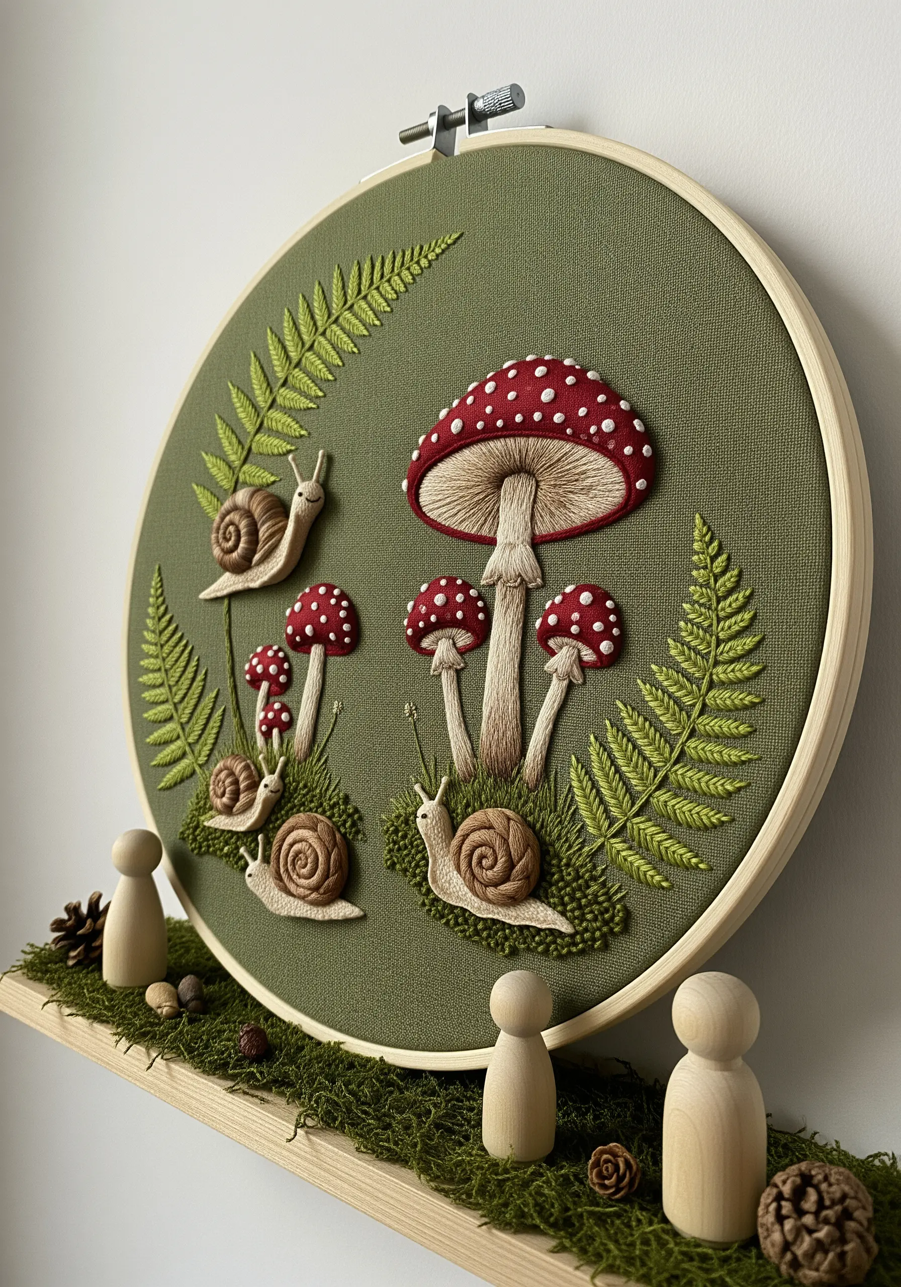 A detailed embroidery hoop with 3D stumpwork mushrooms, snails, and ferns on a green background.