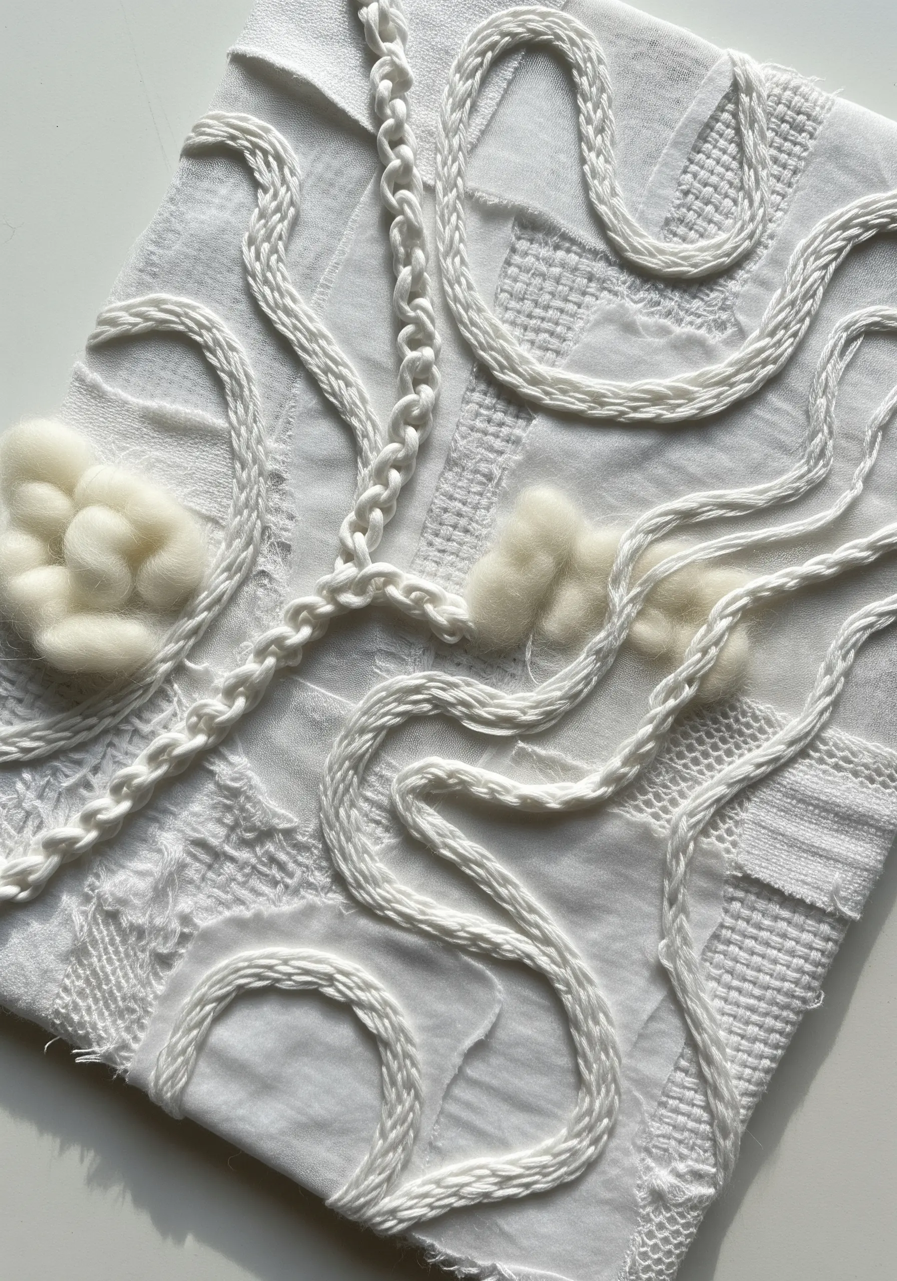 White-on-white abstract embroidery with couched cords on a collage of white fabric scraps.
