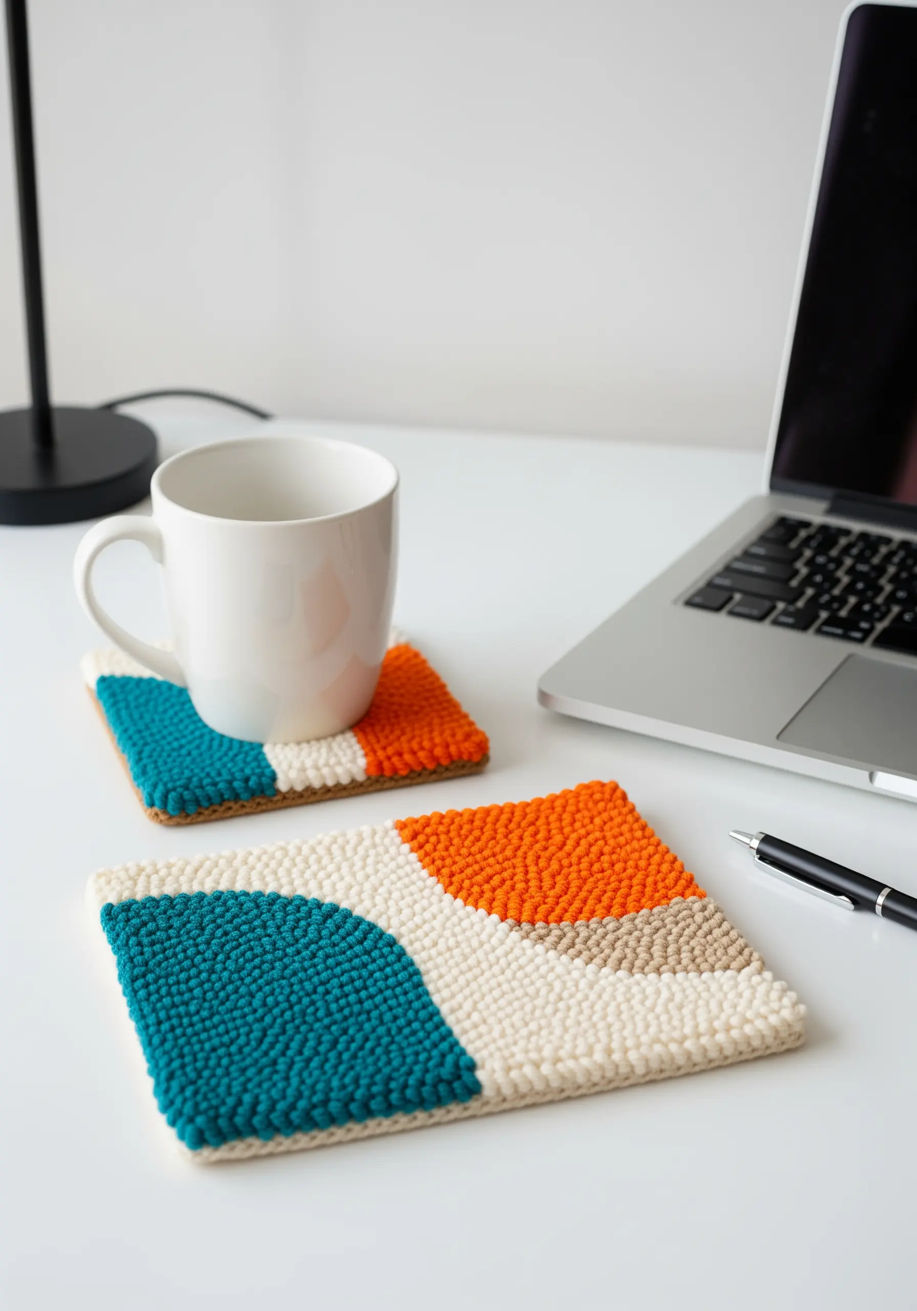 Two square punch needle coasters with abstract color-blocked designs in teal, orange, and beige.