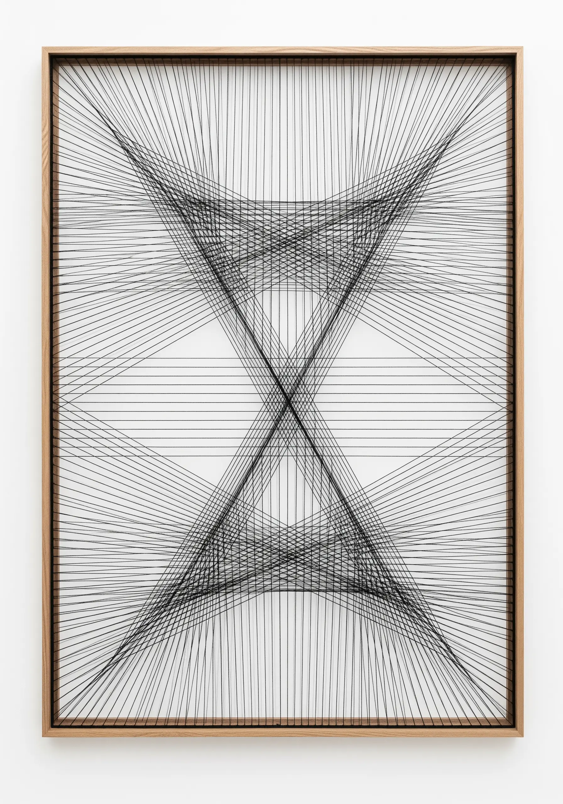 Framed geometric string art with black thread creating intersecting parabolic curves.