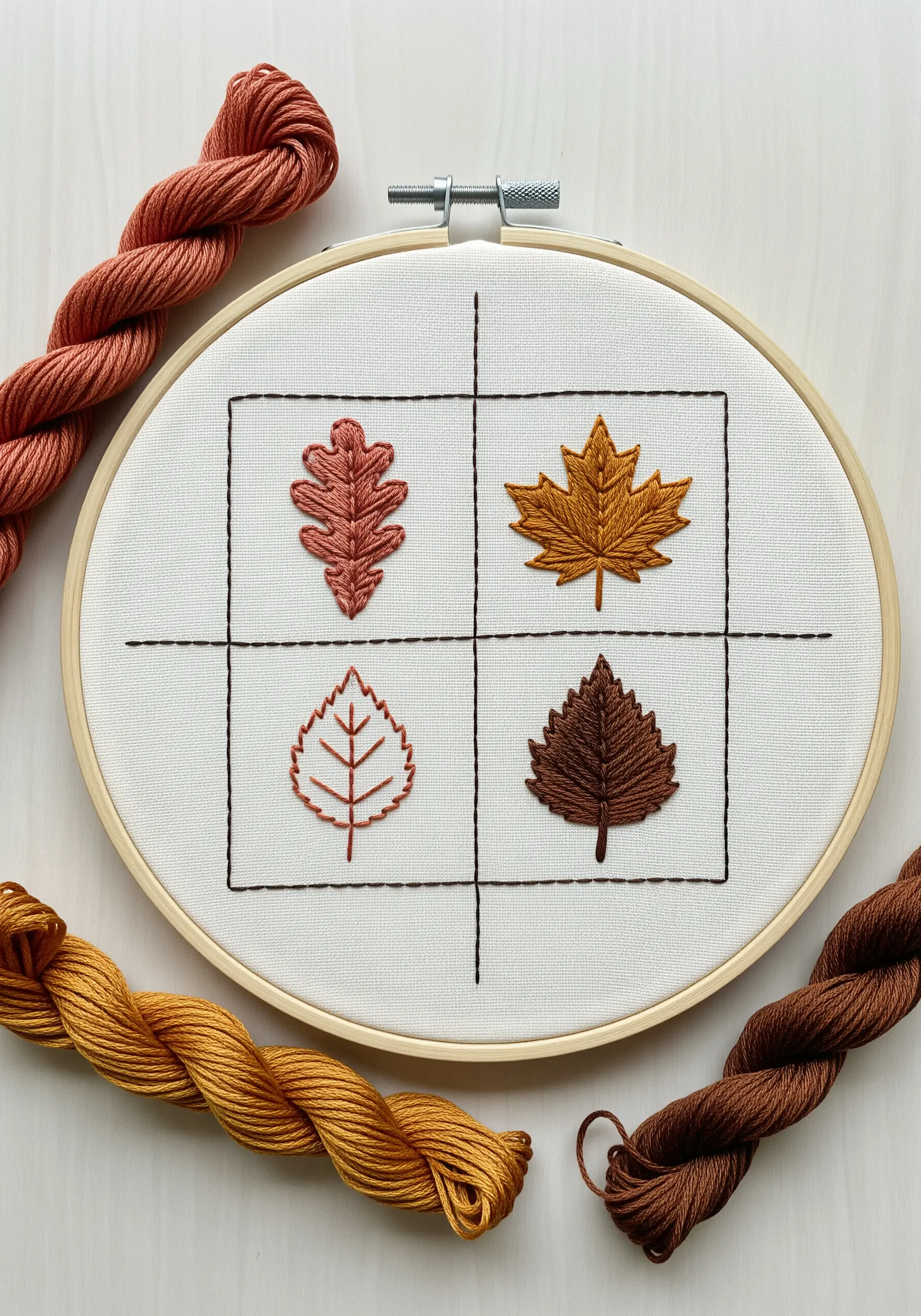 An embroidery sampler of four different autumn leaves, each with a unique stitch, in a grid.