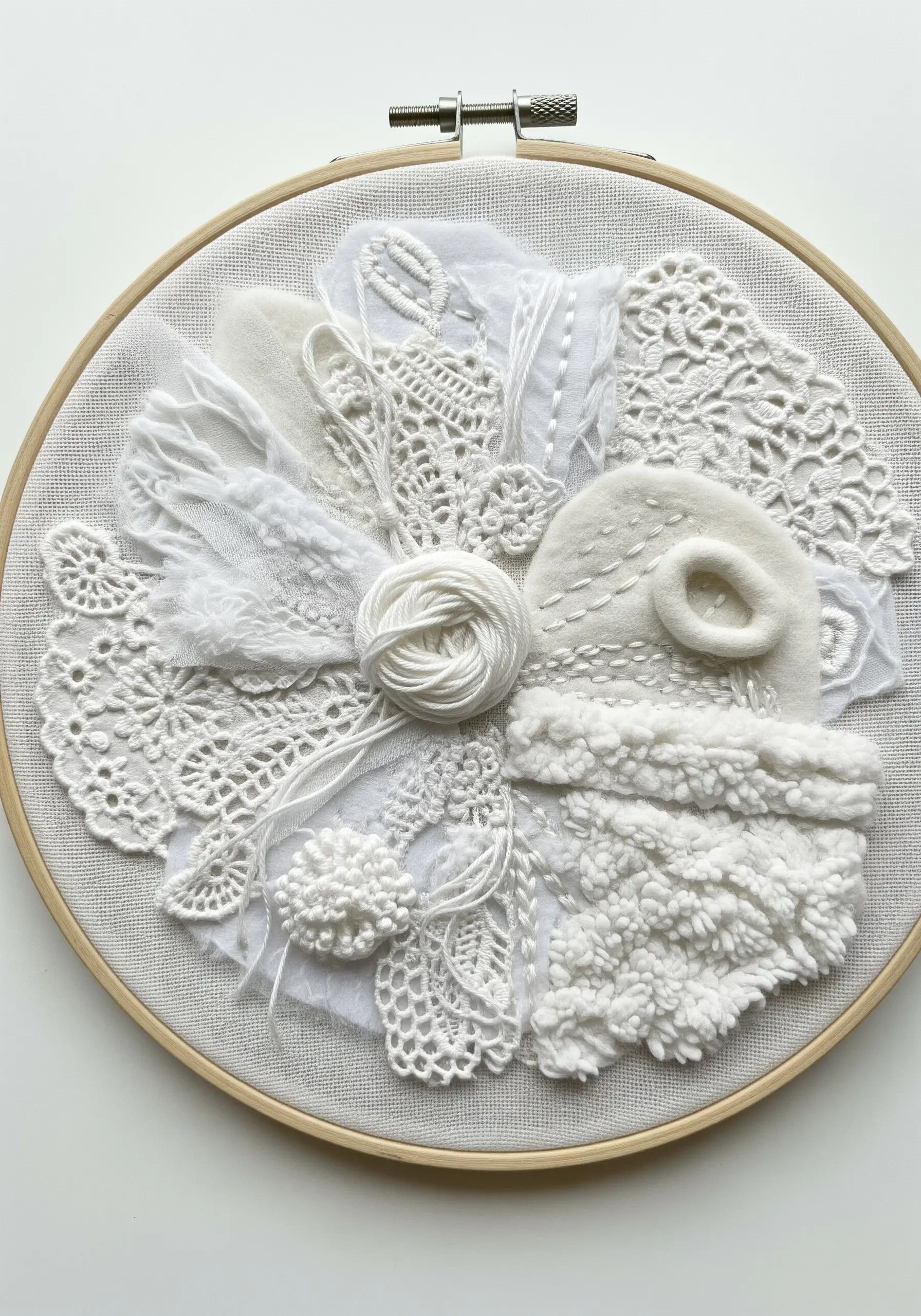 A monochromatic white fabric collage featuring varied textures like lace, felt, and yarn.