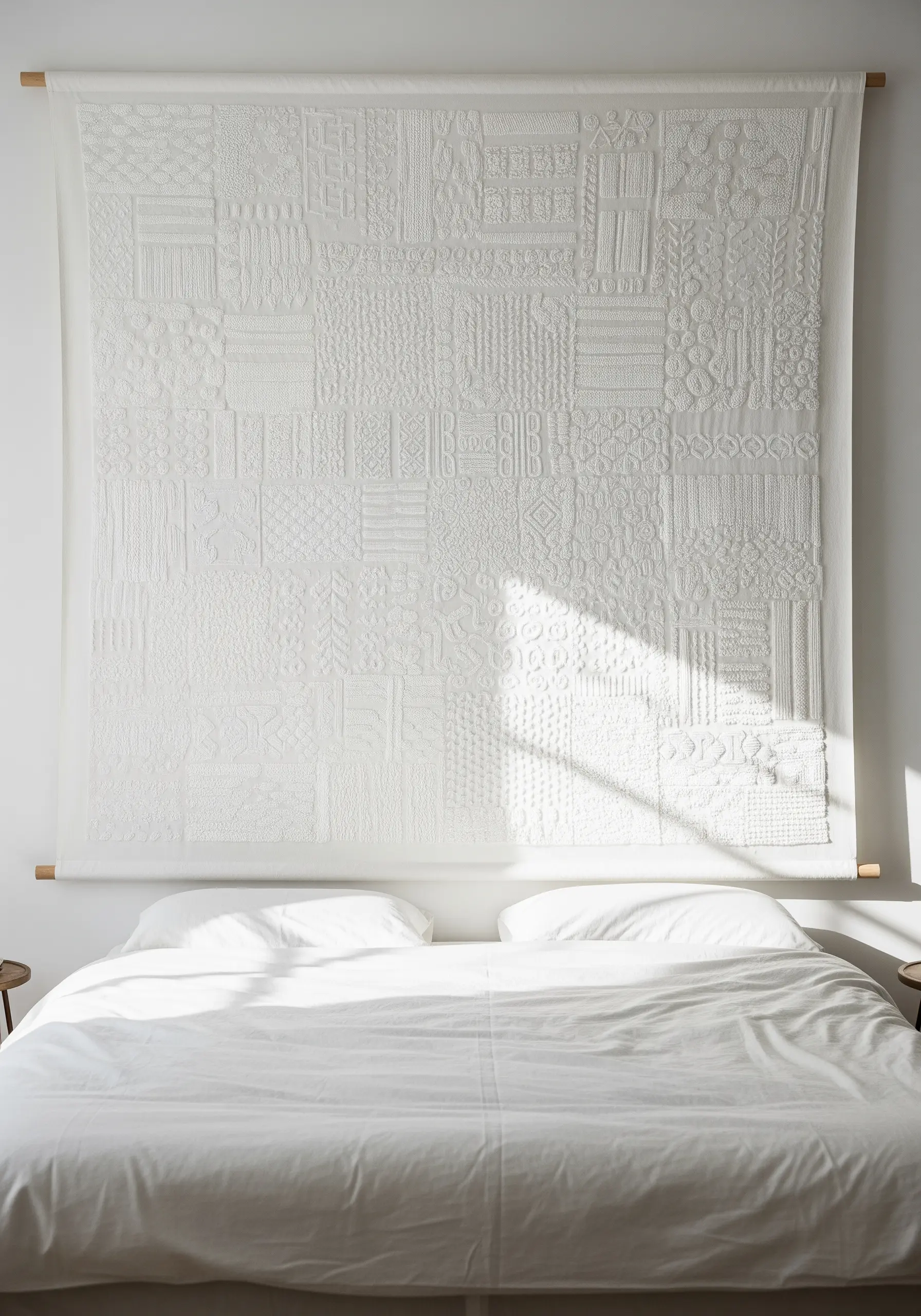 A large white-on-white embroidered quilt with a grid of different textural stitches.