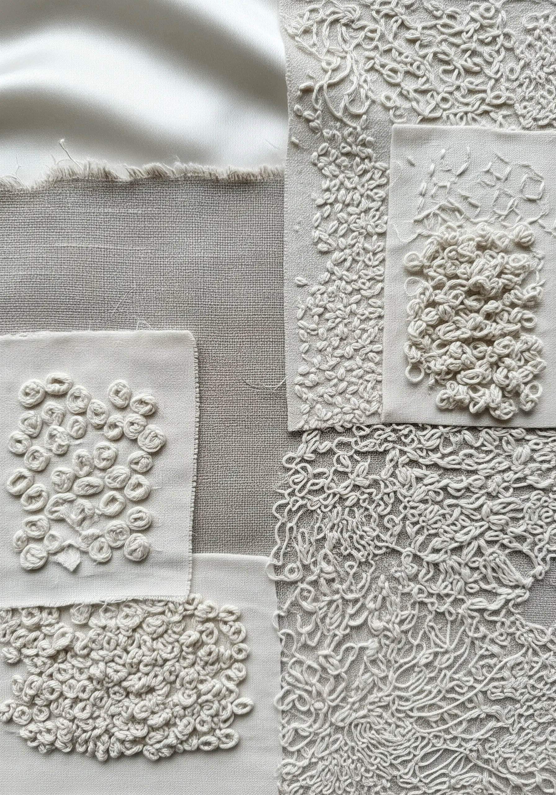 A monochromatic white-on-white textural embroidery collage with various knot stitches.