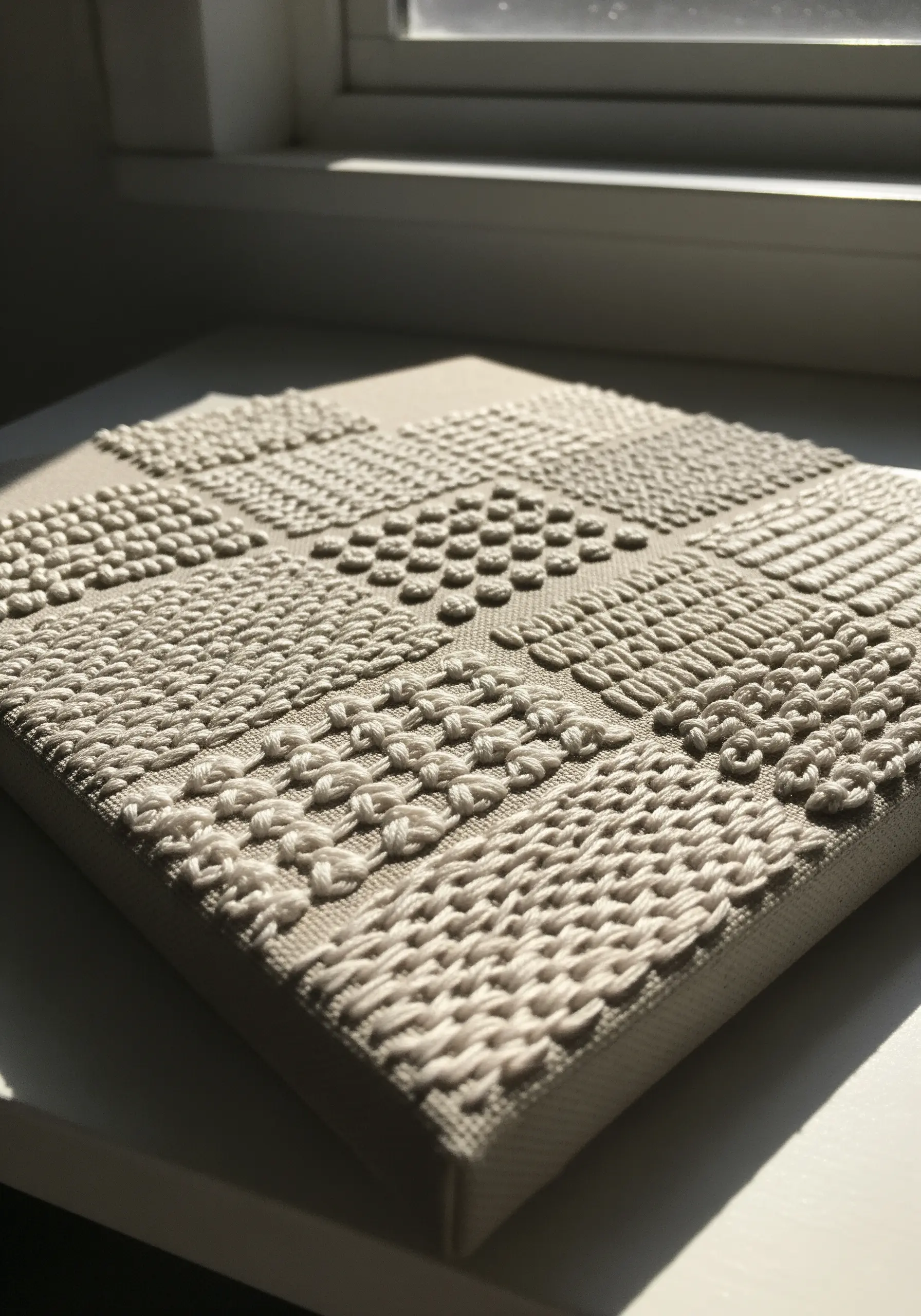 A monochrome textured embroidery sampler on canvas, showcasing various stitches in a grid pattern.