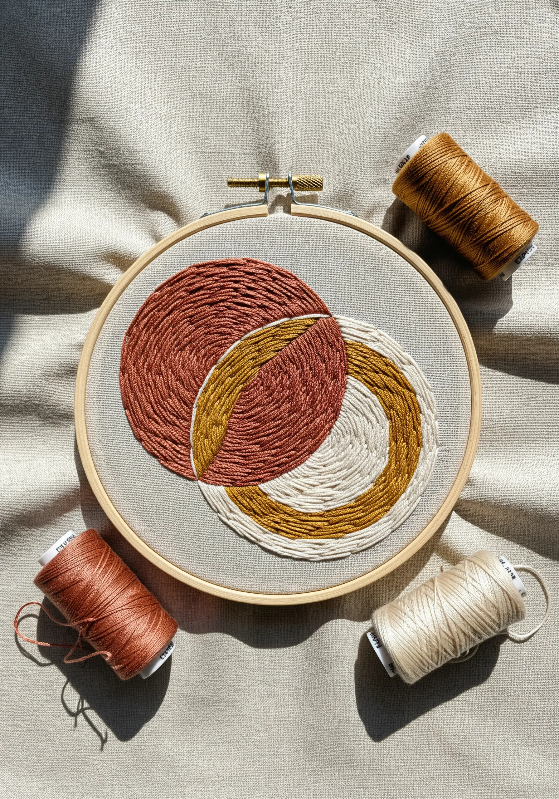 Abstract overlapping circles filled with spiraling chain stitch in earth tones.