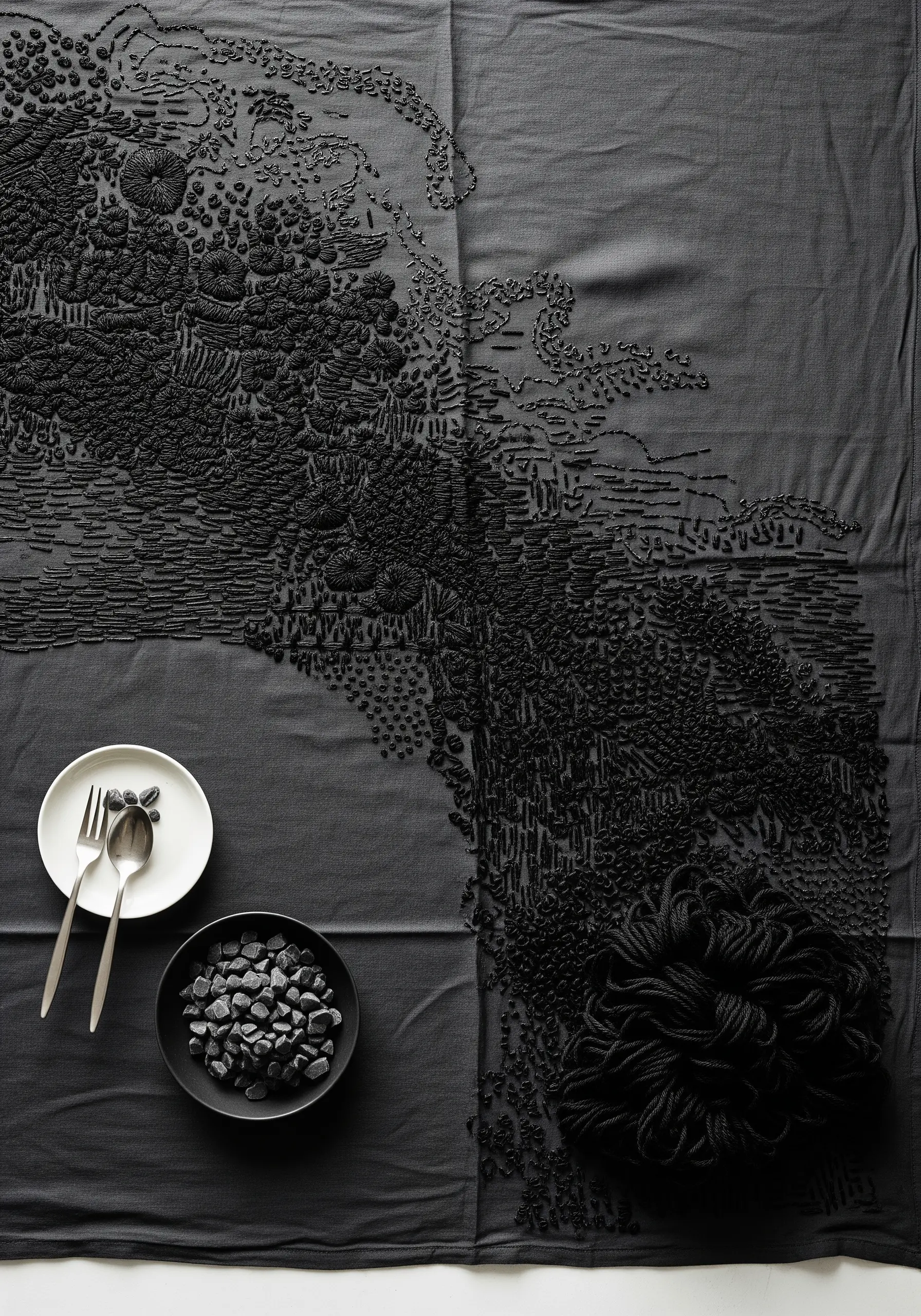 A black tablecloth with an intricate, abstract floral landscape embroidered entirely in black thread.