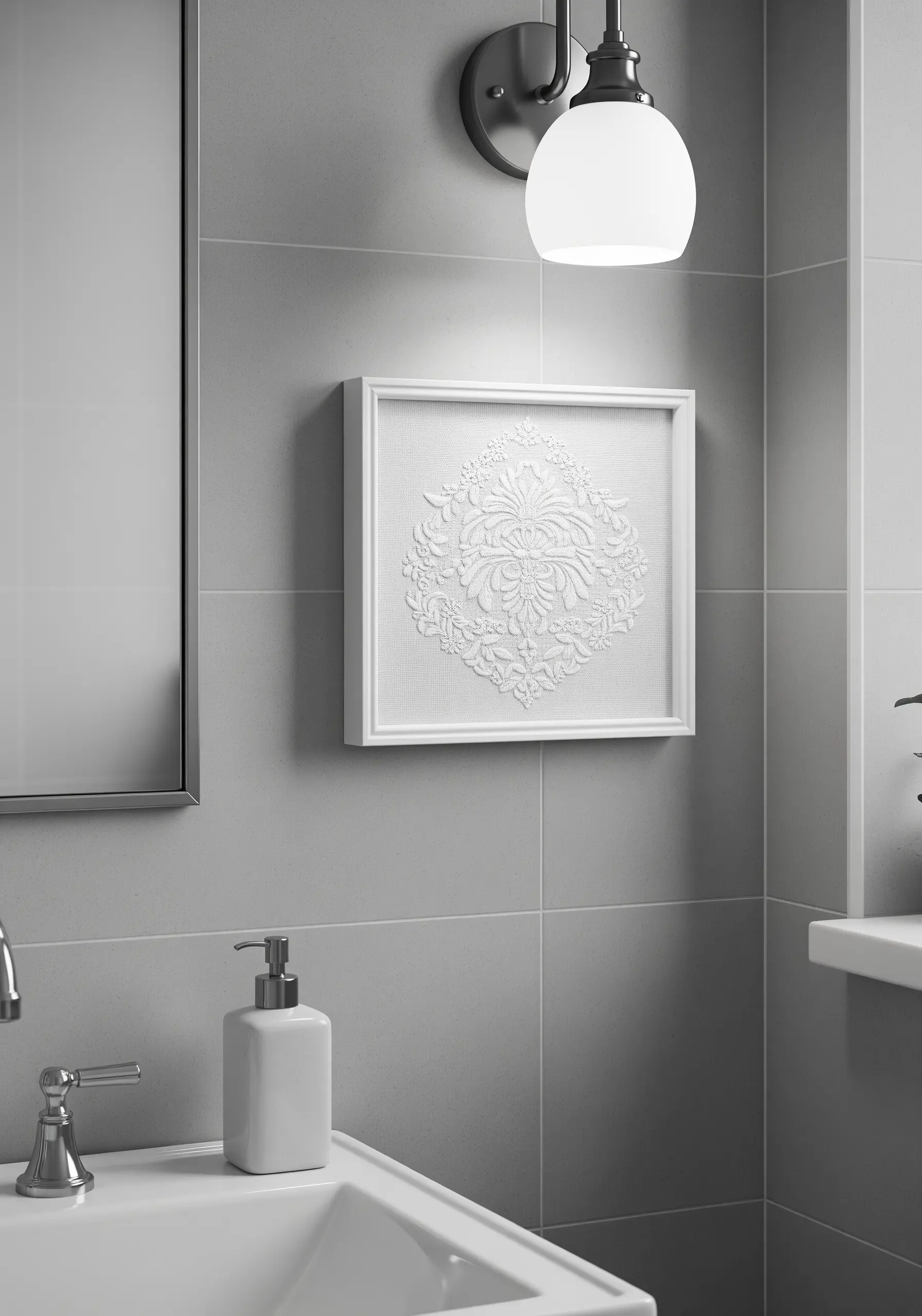 A white-on-white embroidered damask pattern in a square white frame.