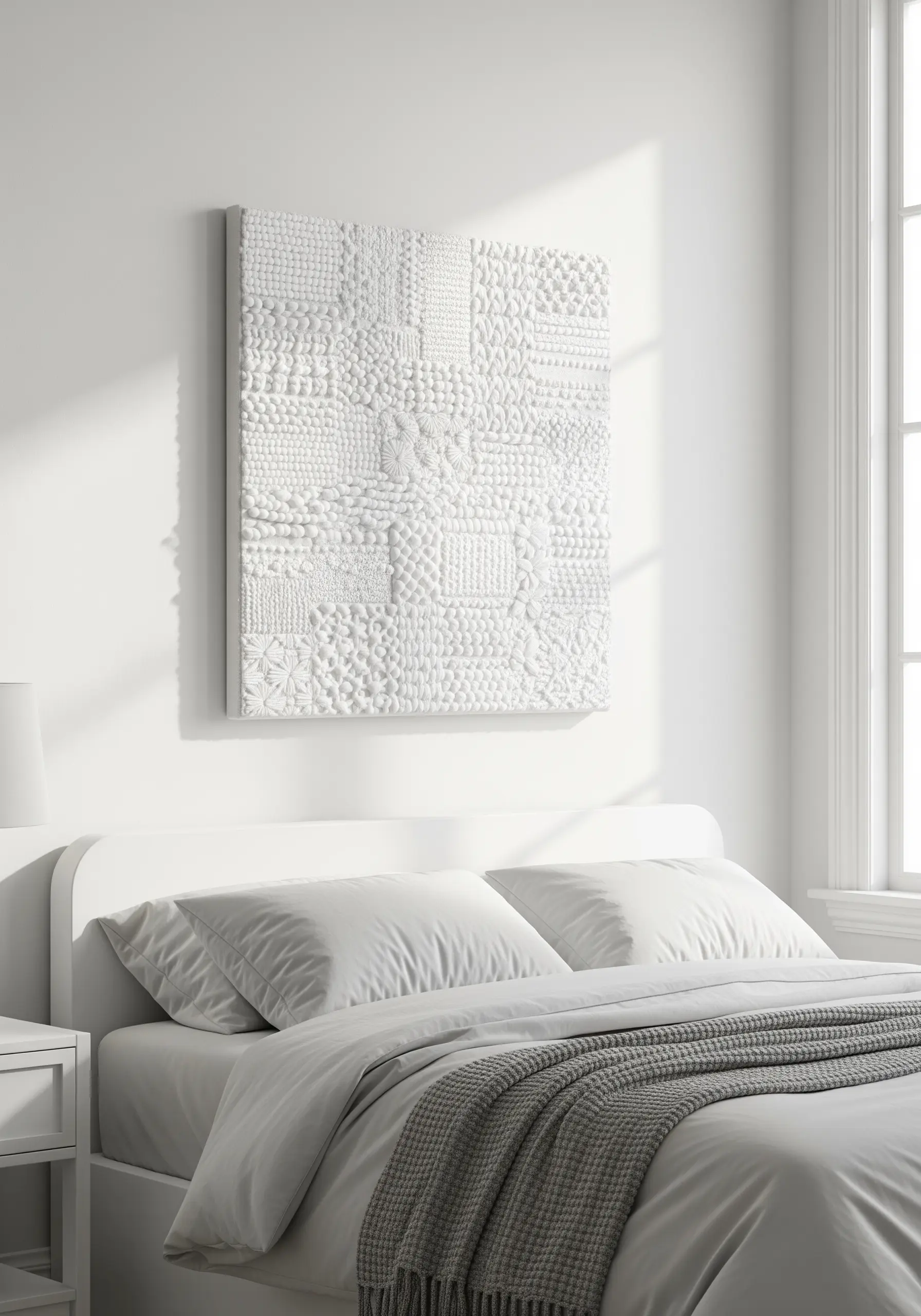 A framed white-on-white embroidered piece with a grid of different textural stitches.