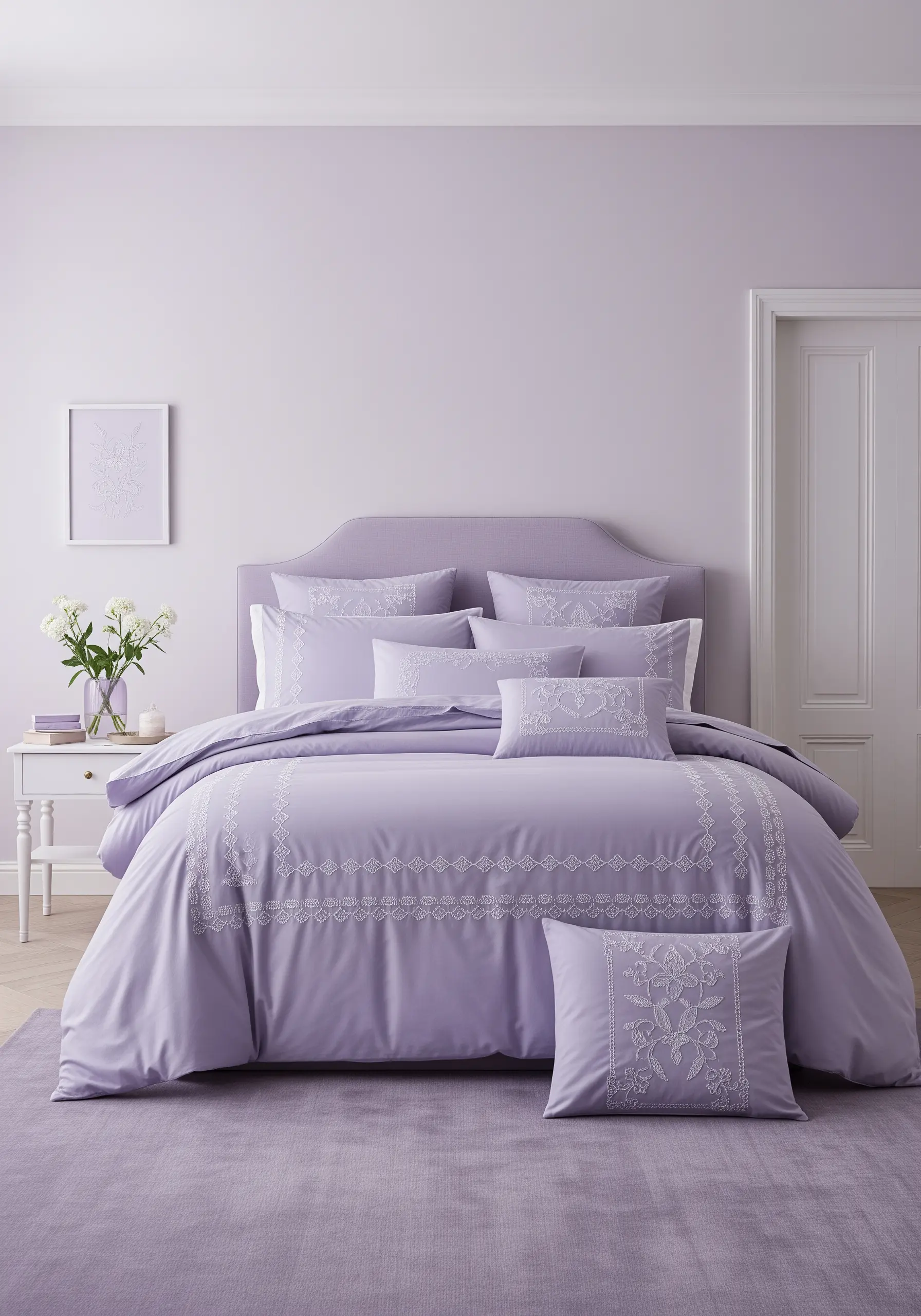 A lavender bedding set with intricate white tone-on-tone embroidery borders and motifs.