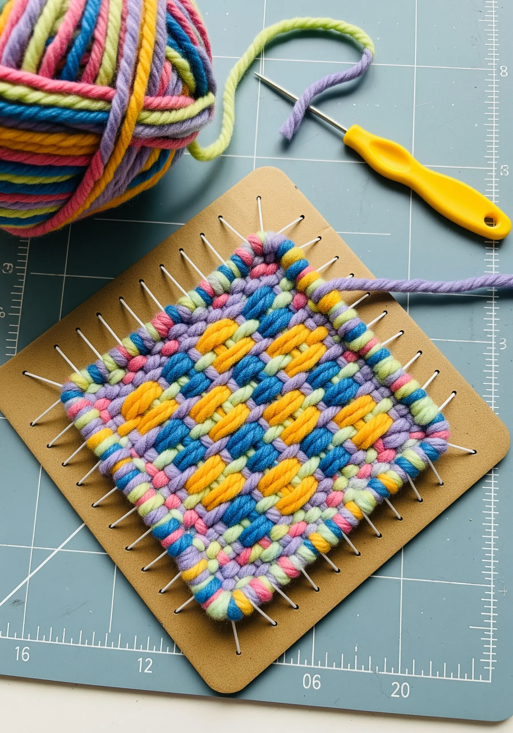 A small square of woven fabric made on a pin loom with colorful variegated yarn.