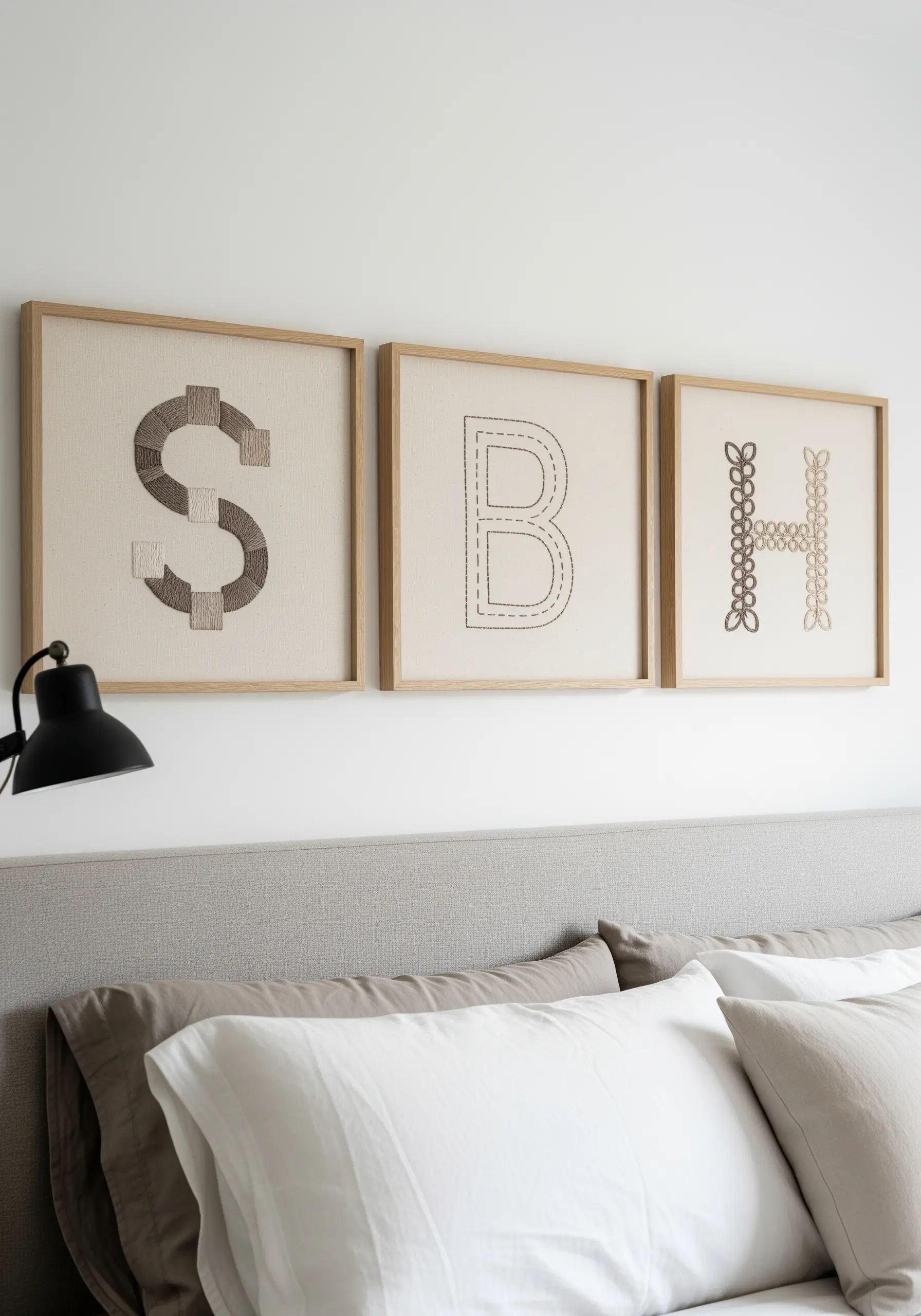 A triptych of framed initials, 'S', 'B', and 'H', each stitched with a different technique.