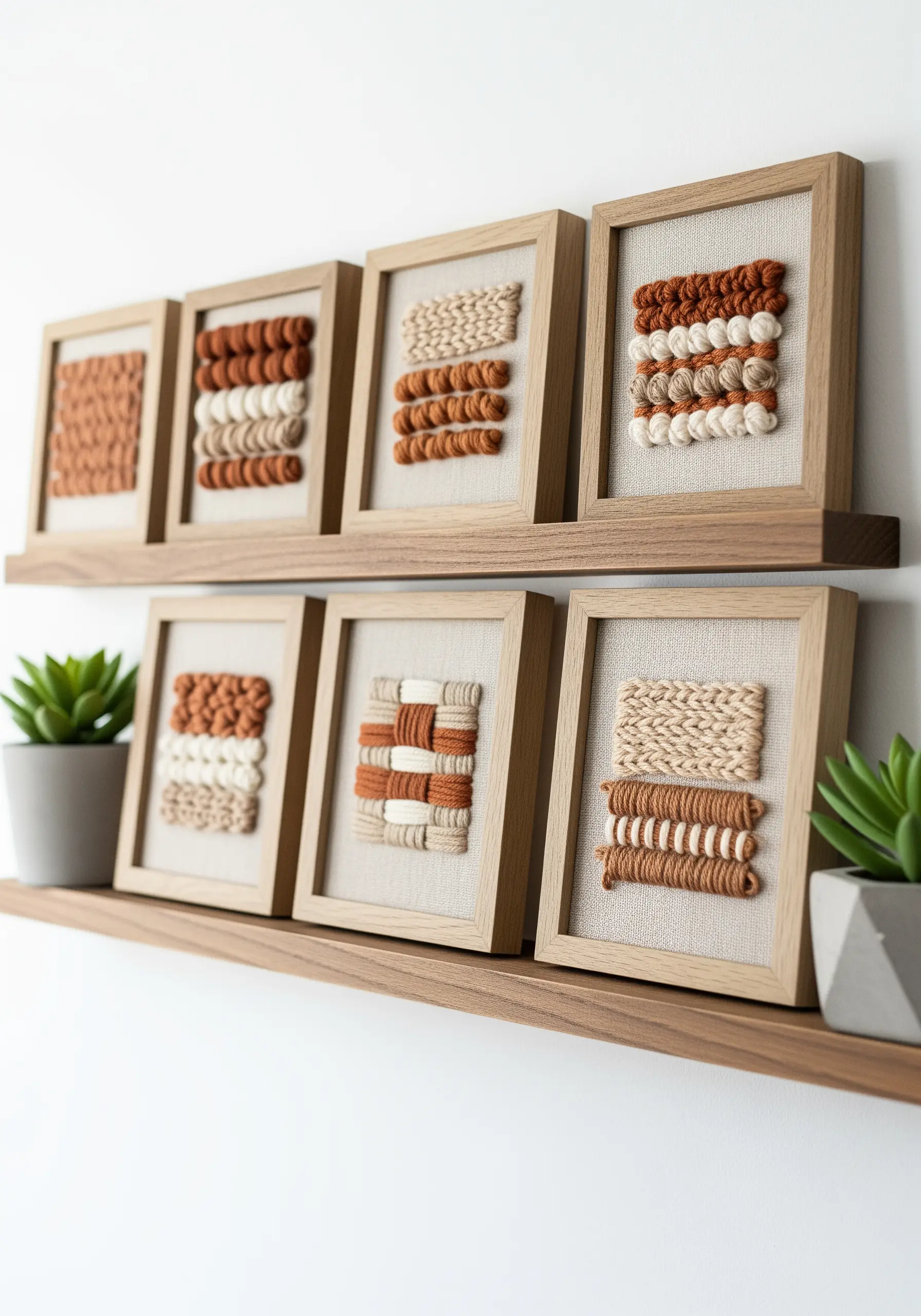 A collection of small framed fiber art pieces displaying different weaving textures.
