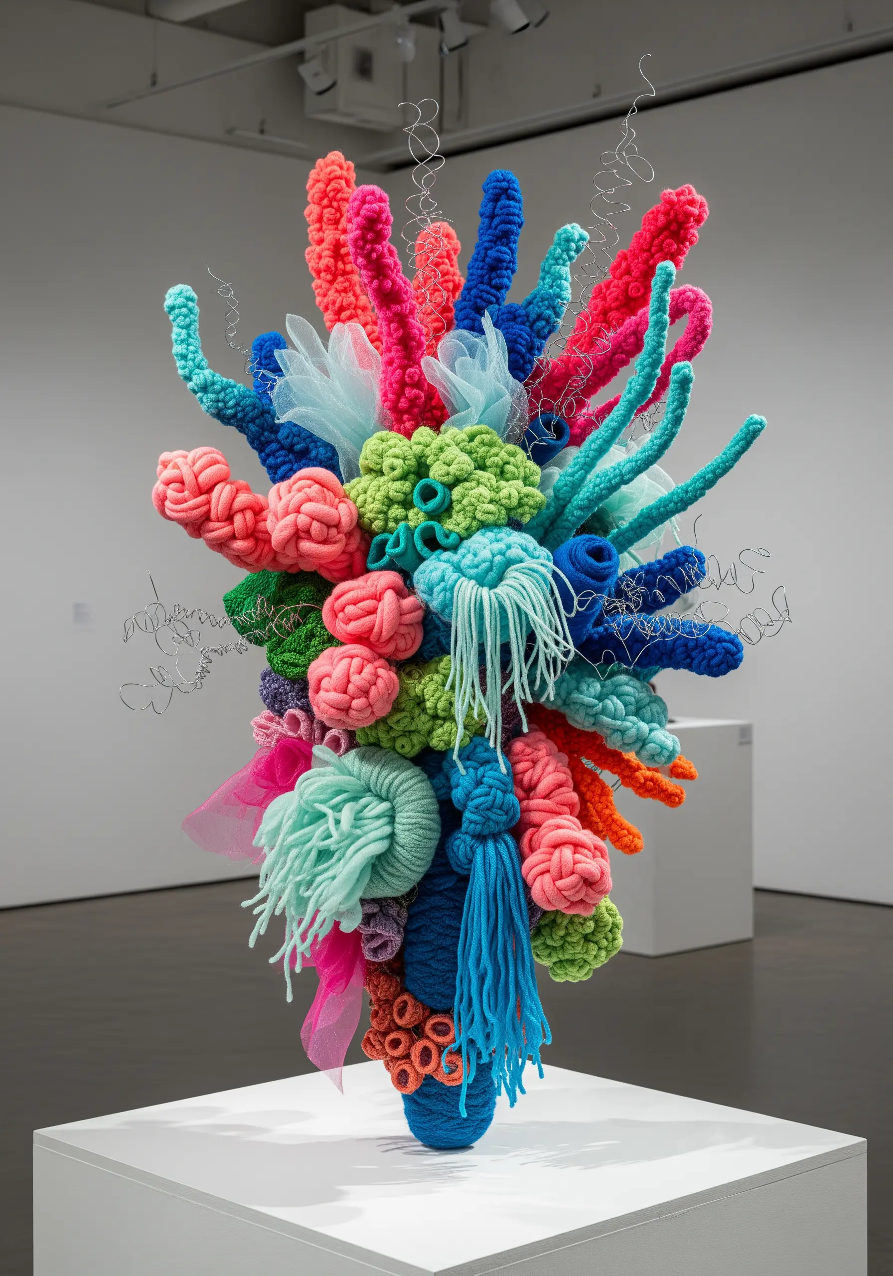 A vibrant, abstract fiber sculpture made of colorful knitted, crocheted, and wrapped elements.