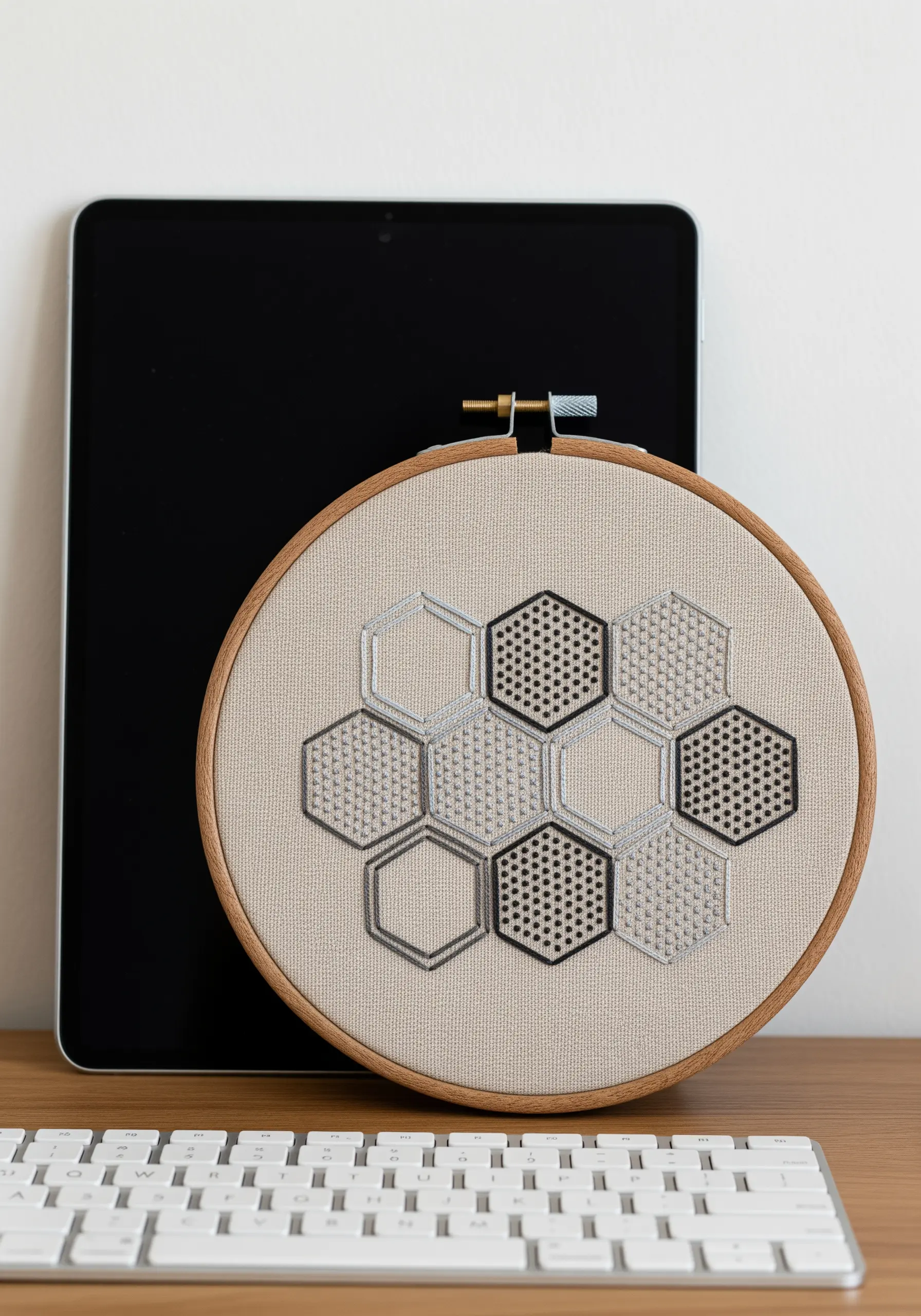 Honeycomb pattern with some hexagons filled with black and grey stitches.