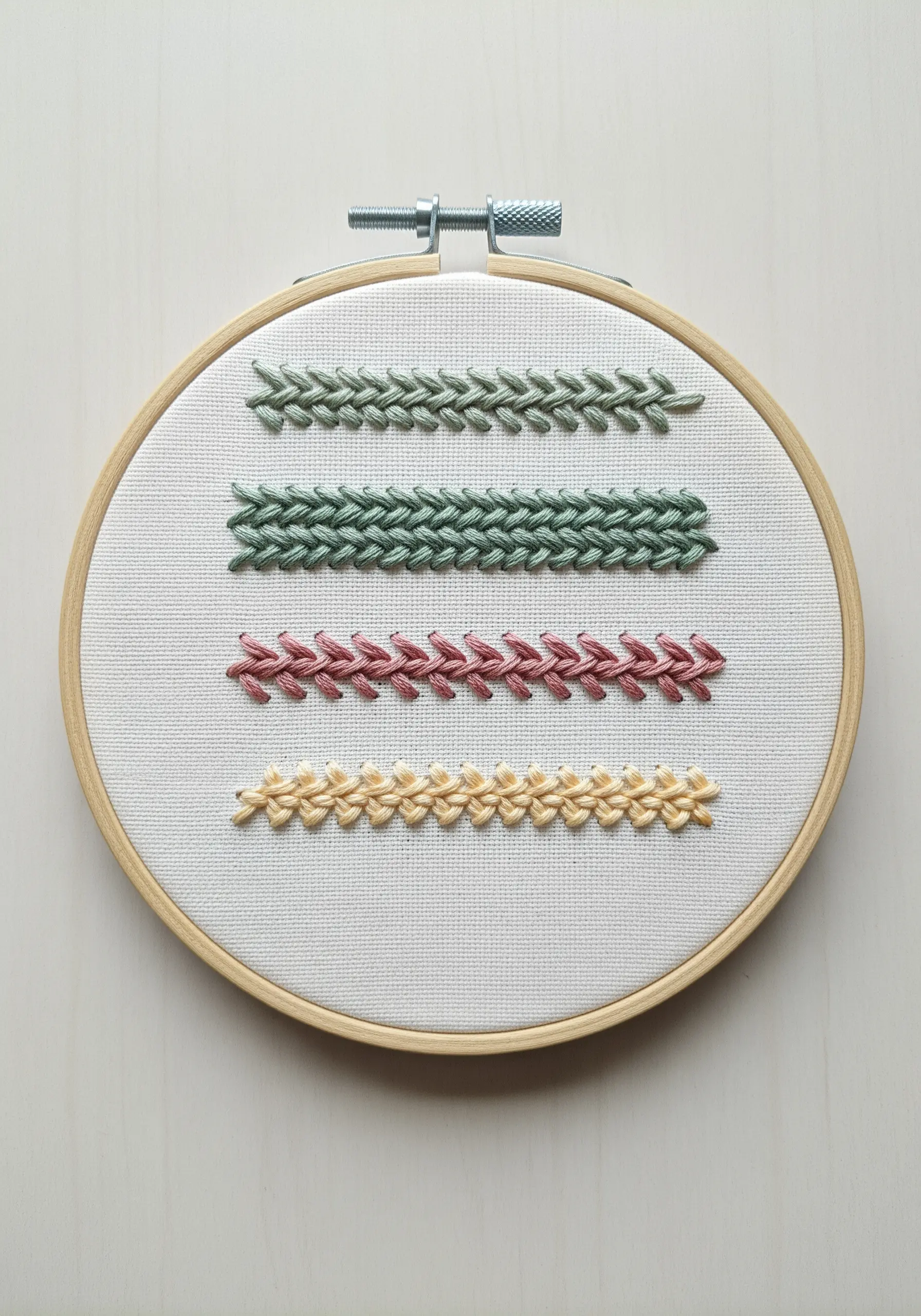 A stitch sampler in a hoop displaying rows of herringbone and braided chain stitches.