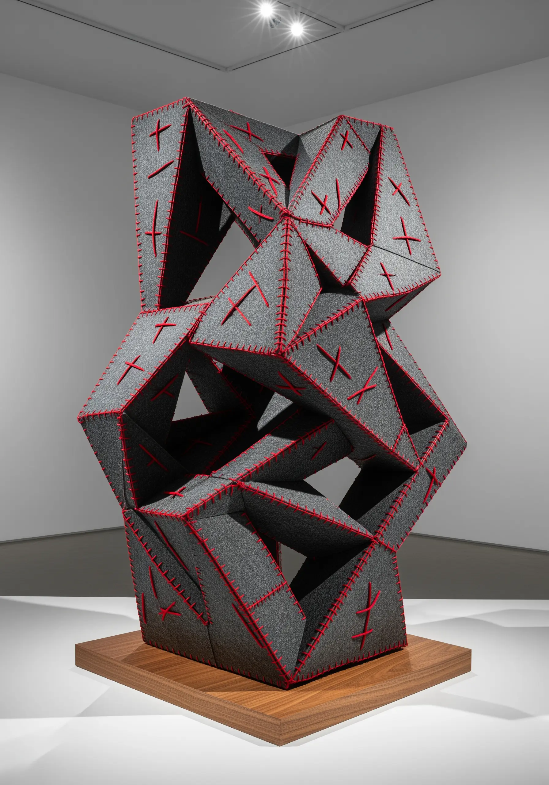 A large, abstract geometric sculpture made of gray felt panels stitched with thick red thread.