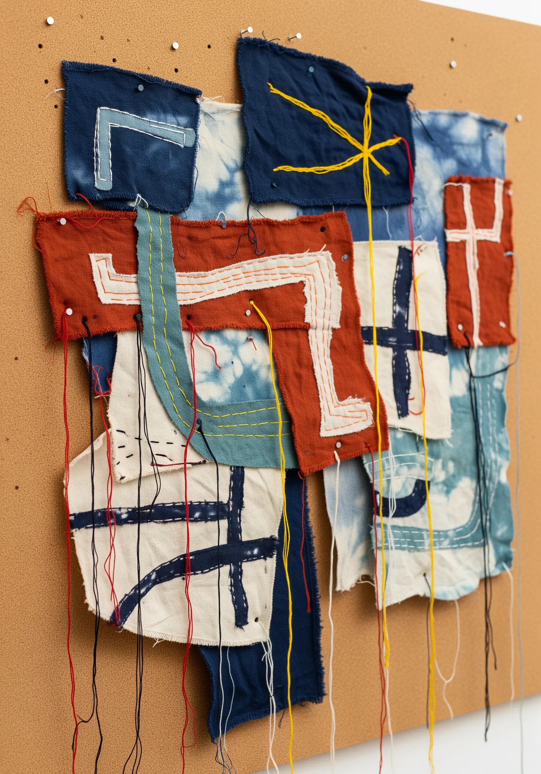 An abstract textile collage made of layered, stitched fabric scraps in indigo, rust, and cream.