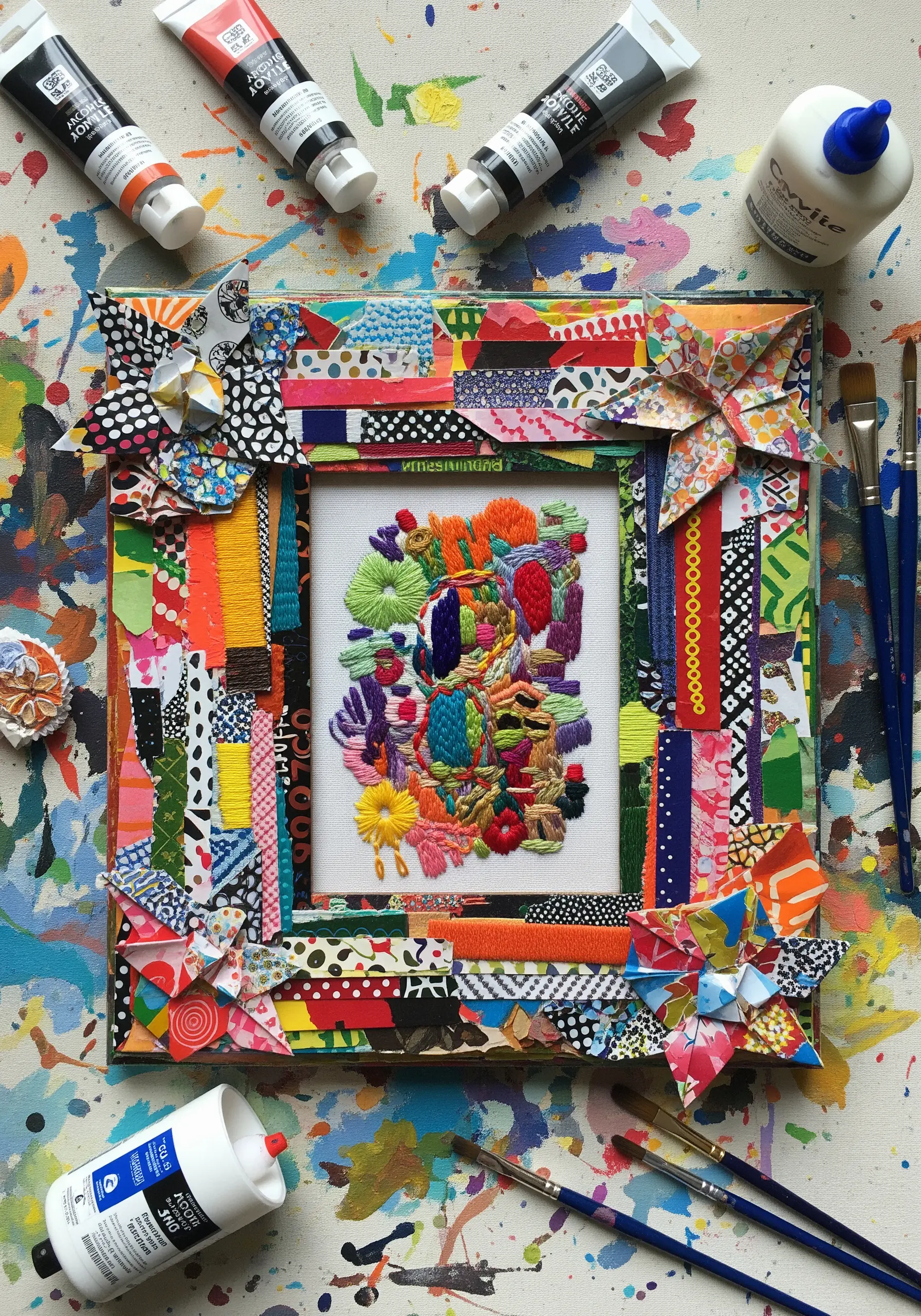 Abstract, colorful embroidery displayed in a vibrant, maximalist frame made of paper and fabric collage.