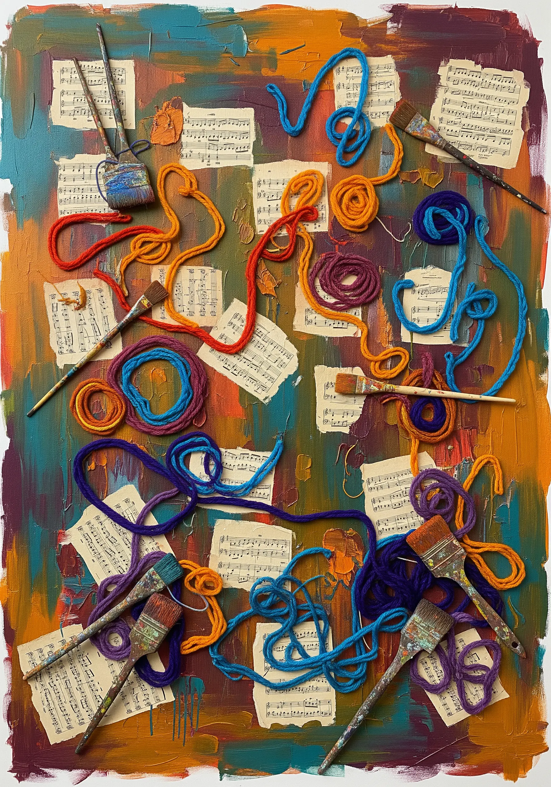 Abstract art with paint, sheet music, and loose yarn coils