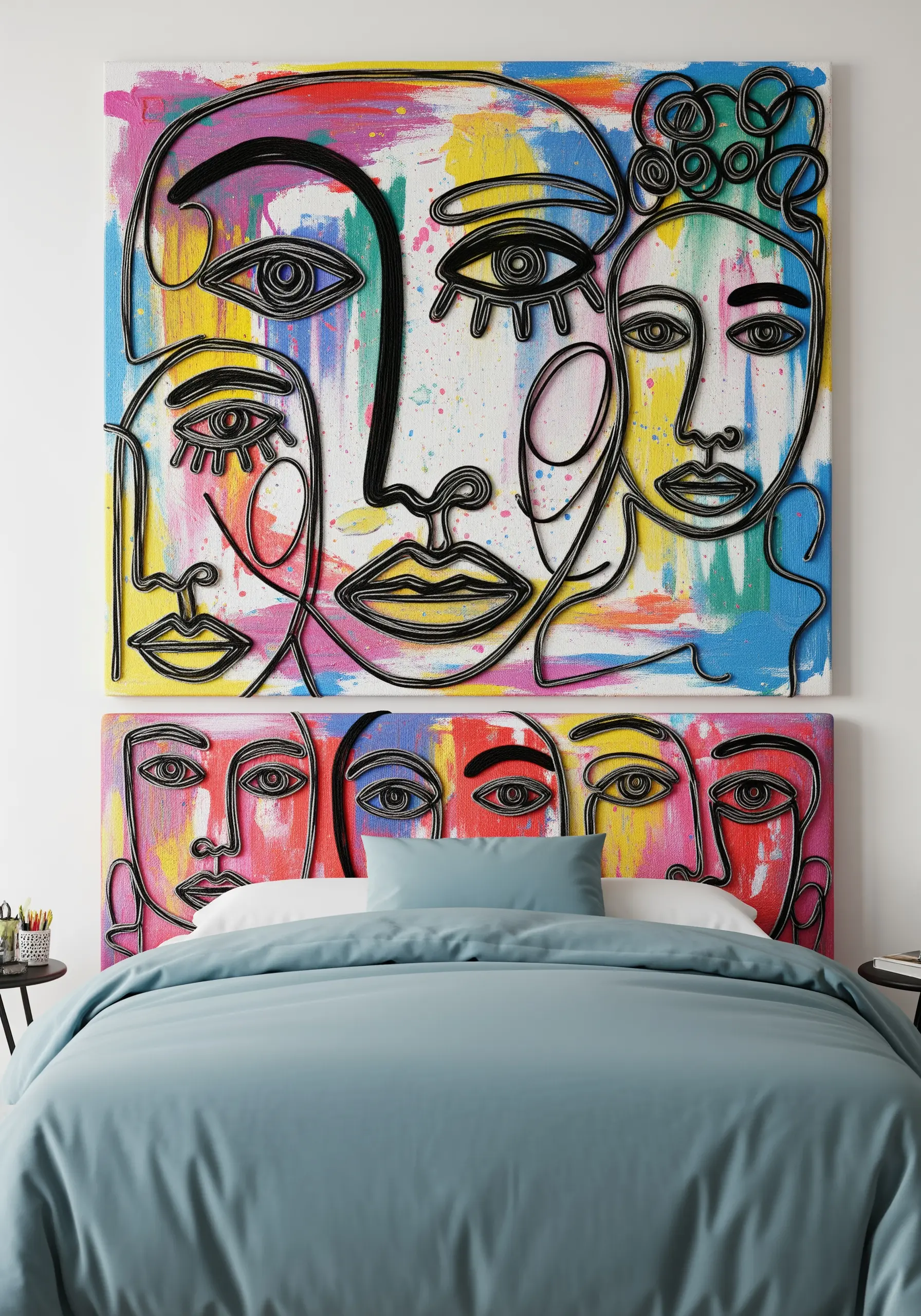 Abstract painted faces outlined with thick black couched yarn on a large canvas headboard.