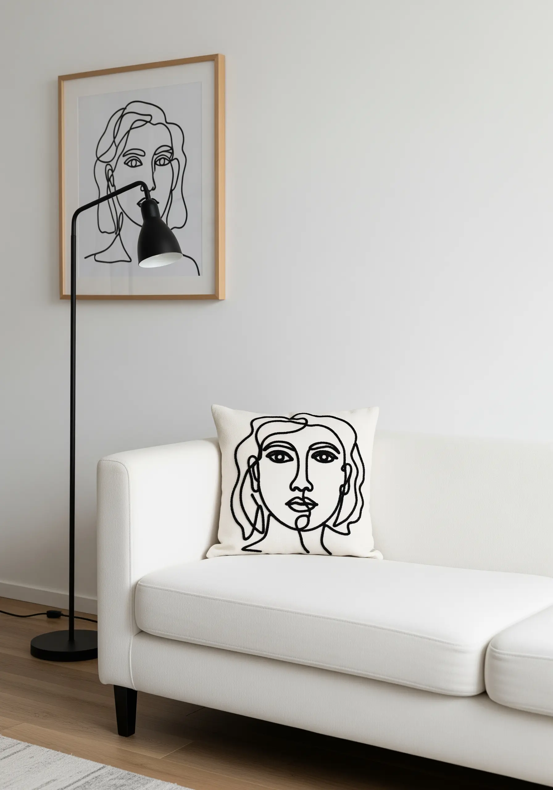 A cushion with a black single-line art portrait that matches a framed print on the wall.