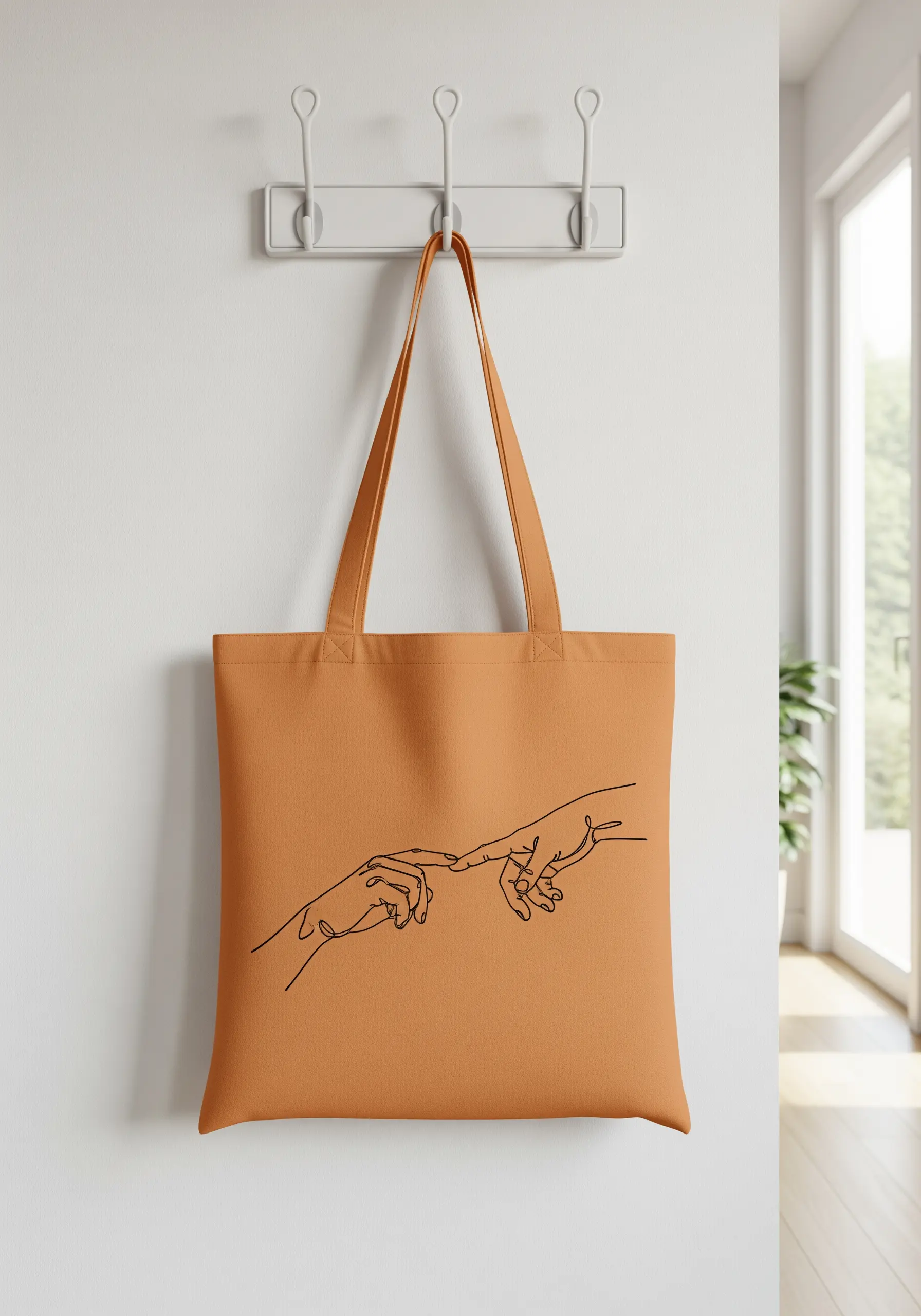 A single-line embroidery of The Creation of Adam hands on an orange tote bag.