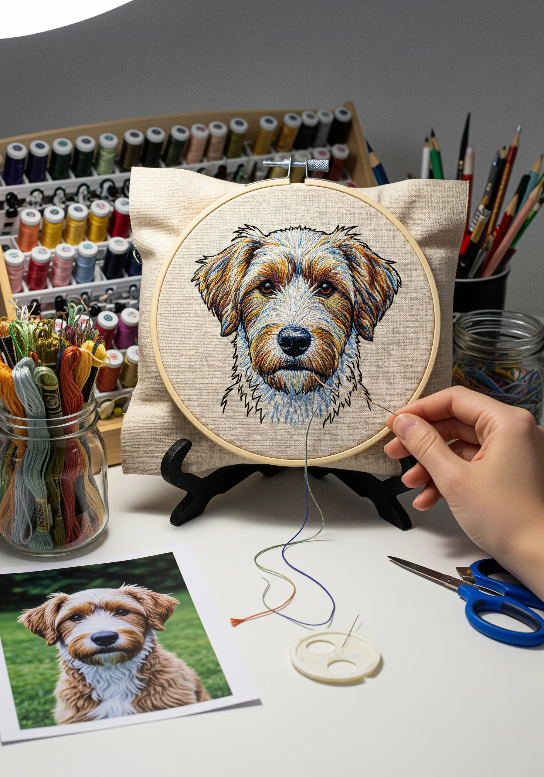 A realistic thread-painted portrait of a terrier dog in an embroidery hoop.