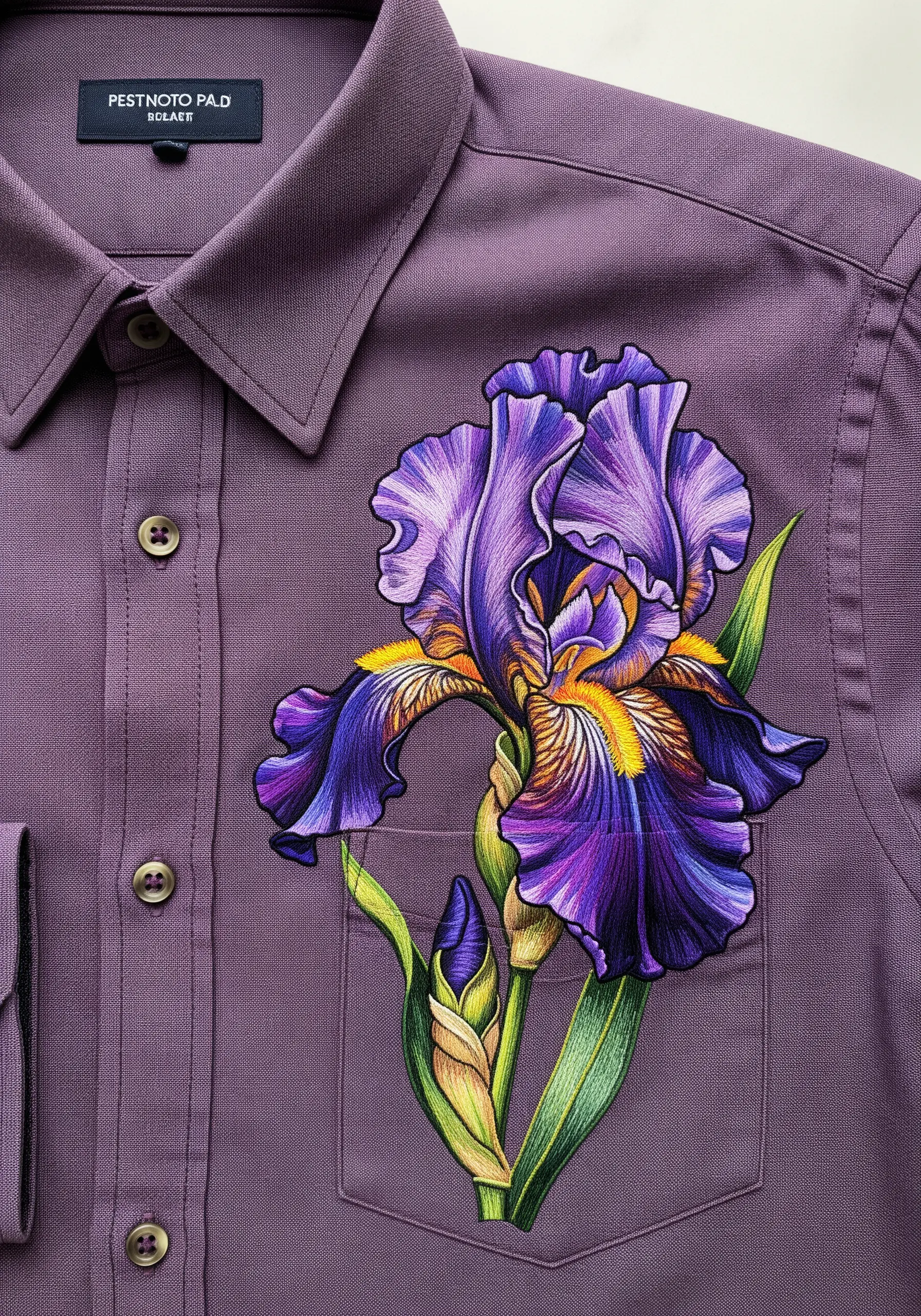 A highly detailed, thread-painted iris with complex shading on a purple shirt.