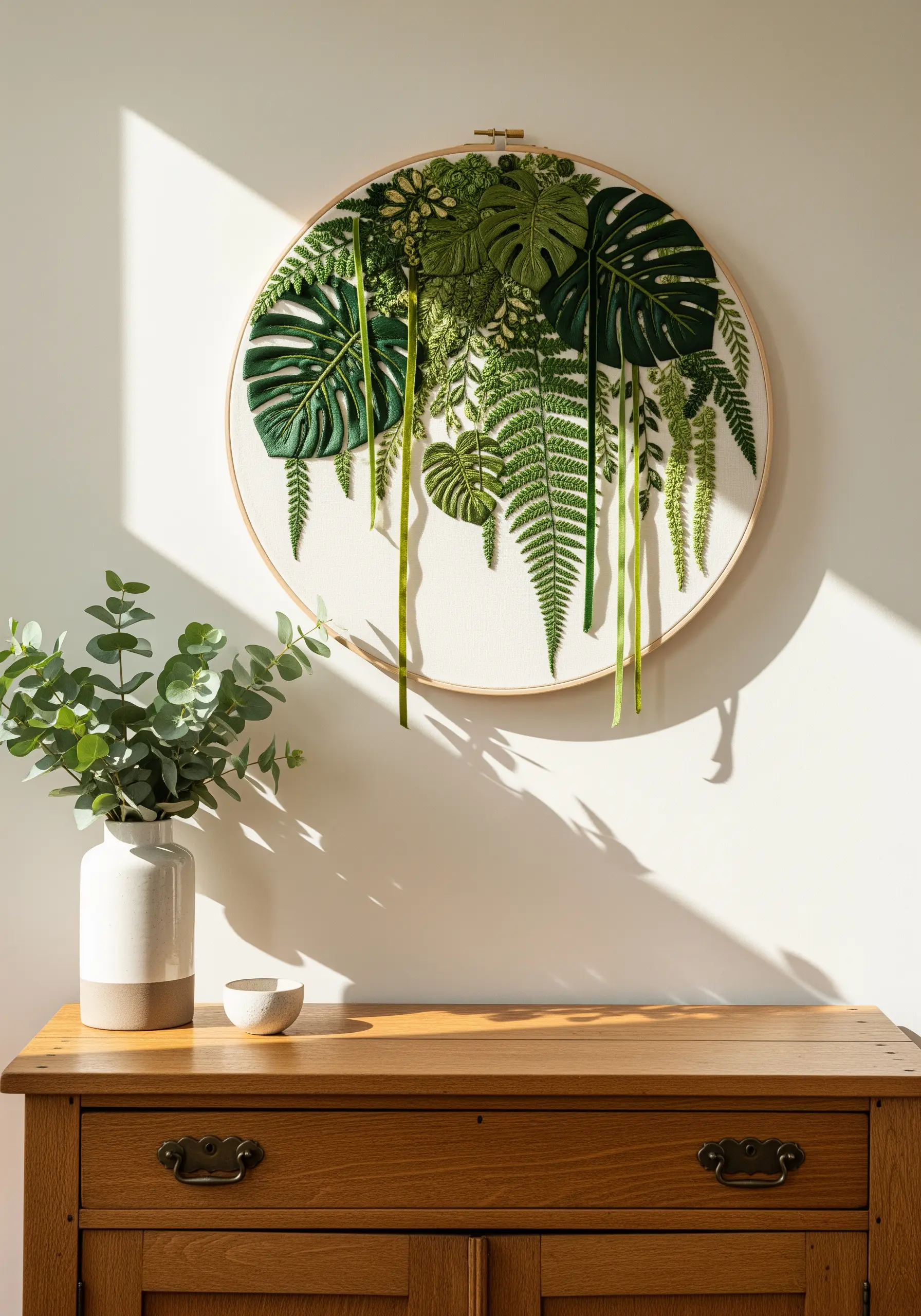 Embroidery hoop with monstera leaves and hanging green ribbons