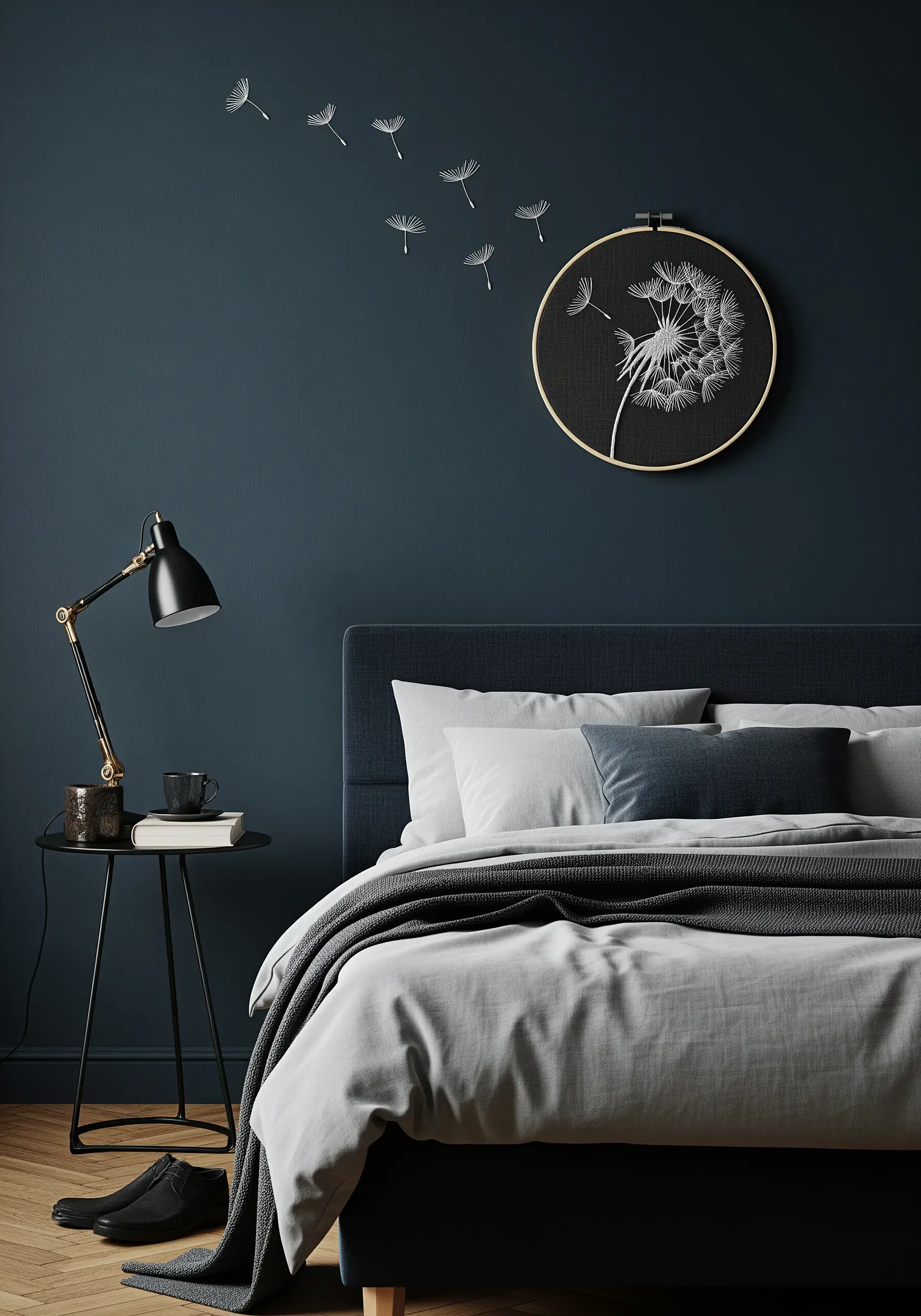 An embroidered dandelion in a hoop, with its seeds stitched directly onto the wall.