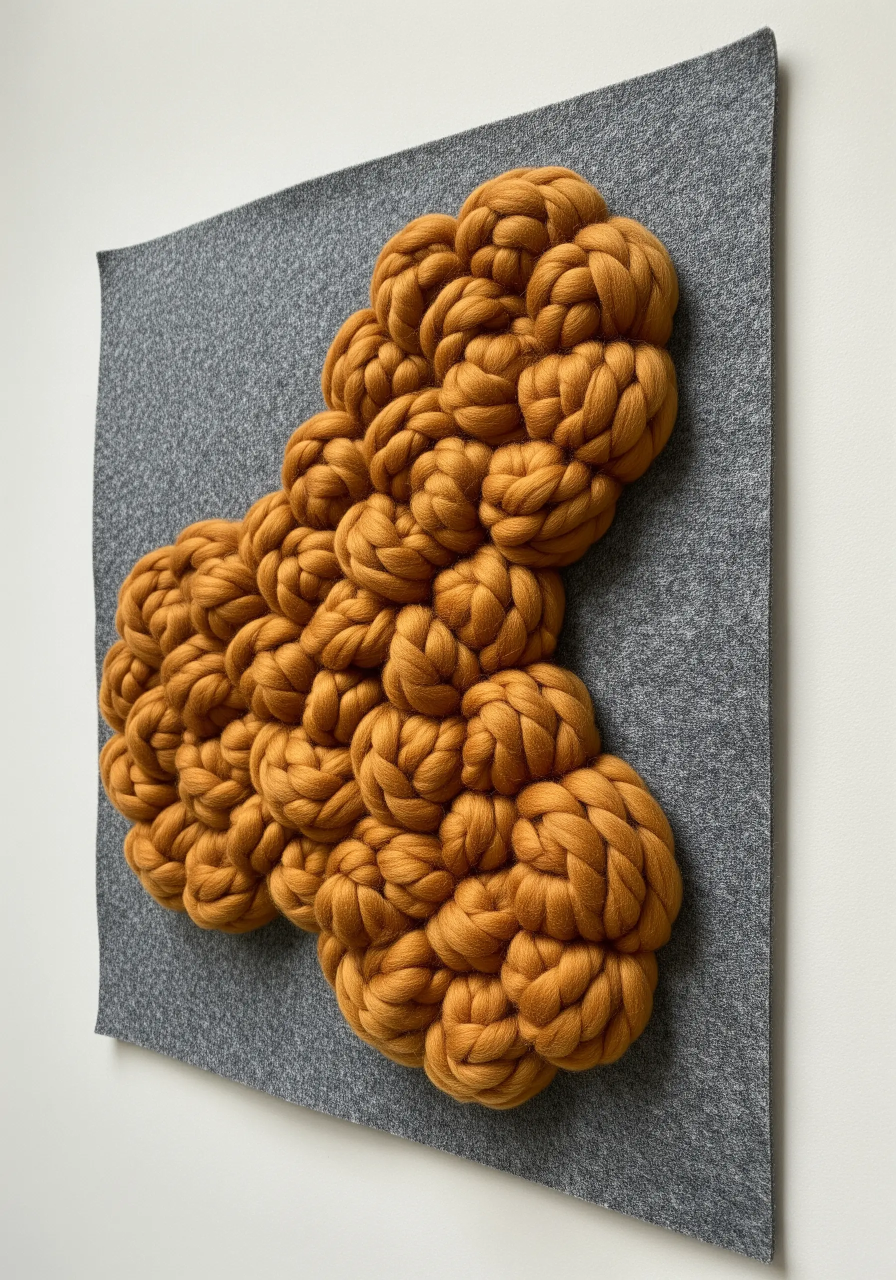 A 3D cloud of chunky, mustard-colored wool roving attached to a grey felt background.