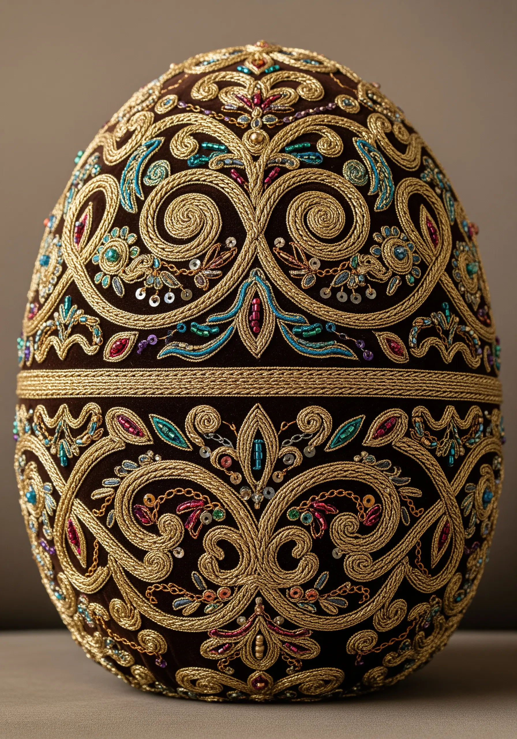 A highly ornate Fabergé-inspired egg design with goldwork, beading, and sequins.