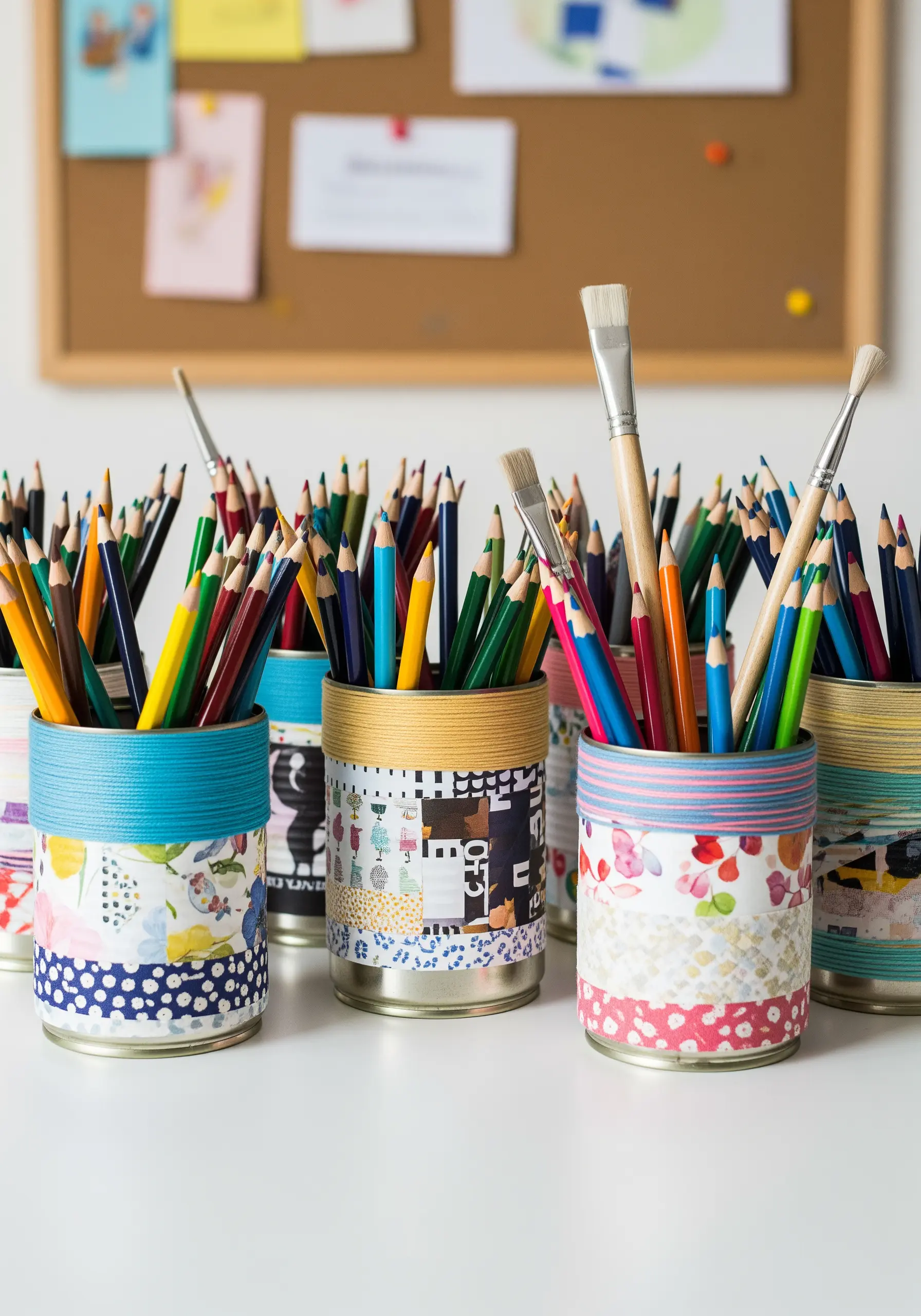 Tin cans repurposed as pencil holders, decorated with colorful paper and tape.
