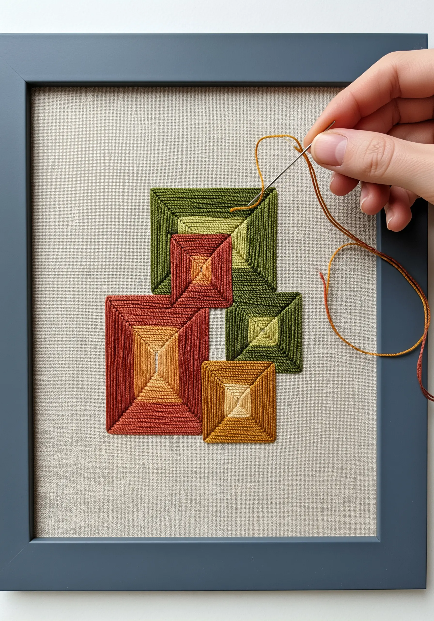 Geometric square embroidery pattern using gradient earth tones