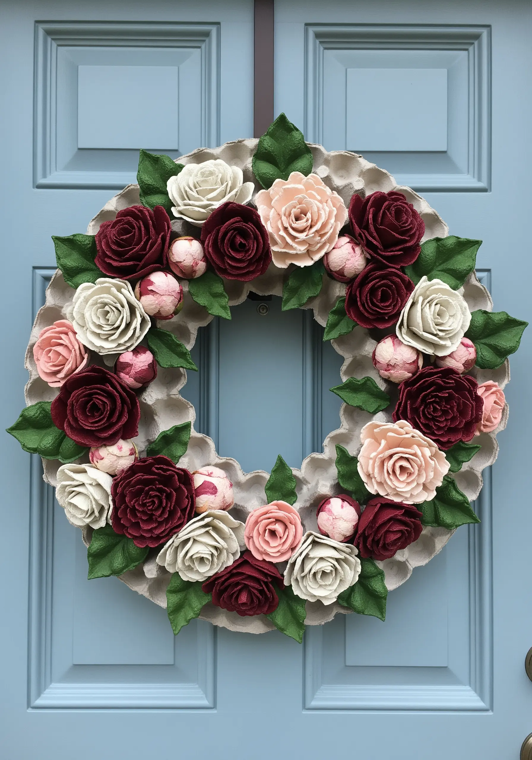 A full, round floral wreath made from painted egg carton cups shaped into roses and peonies.