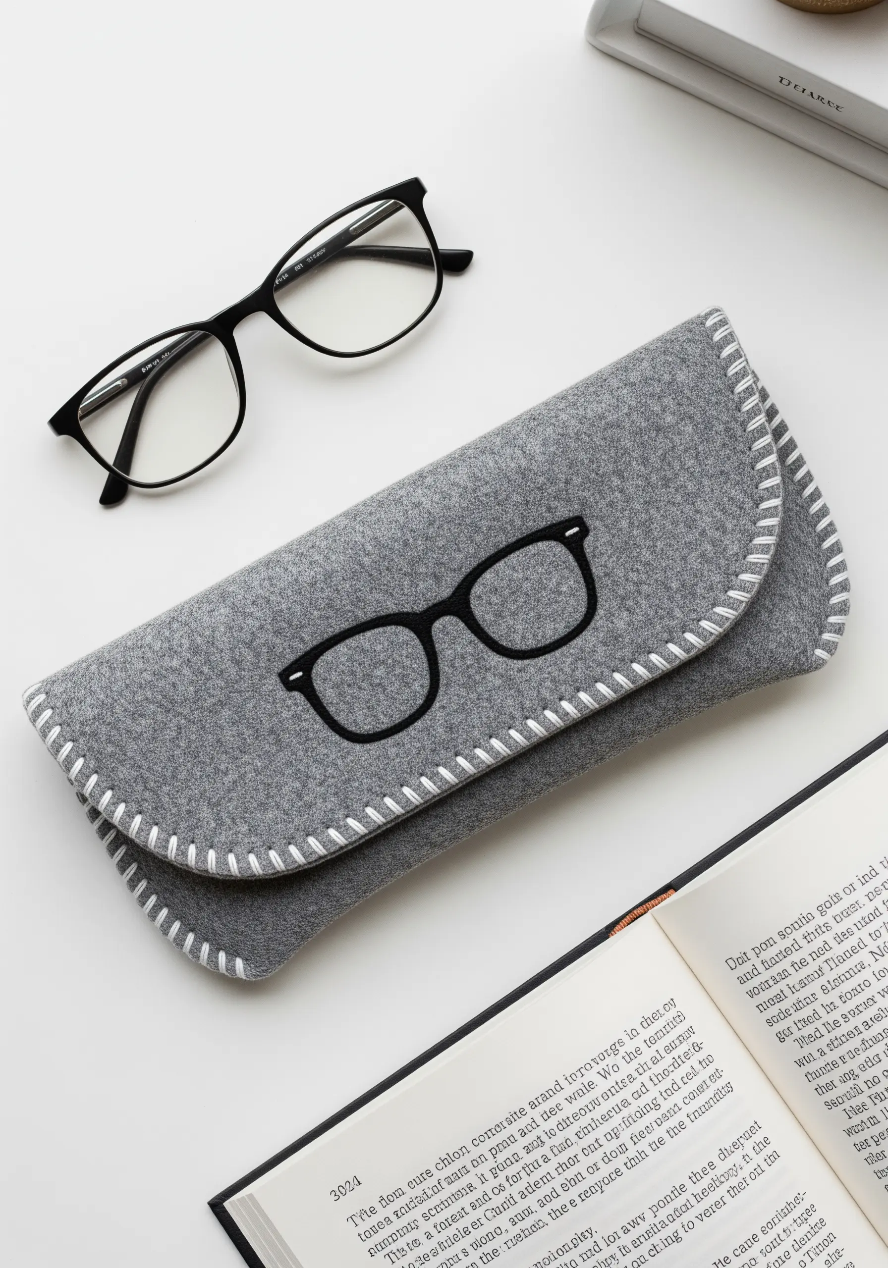 A gray felt eyeglass case with a simple black outline of glasses and a white blanket stitch edge.