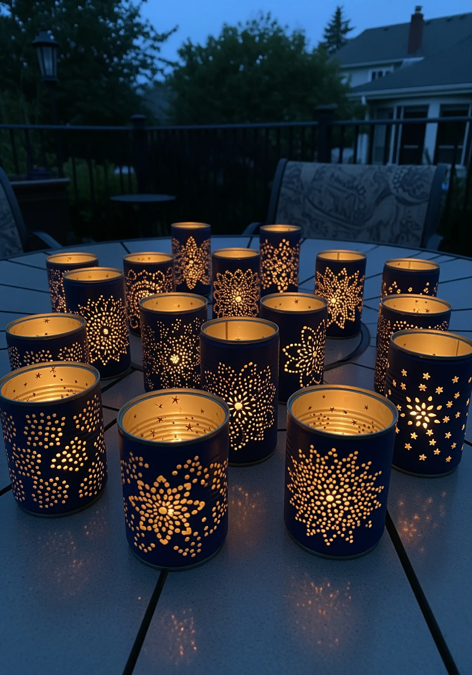 A collection of dark blue tin can lanterns with punched-hole star and snowflake patterns.