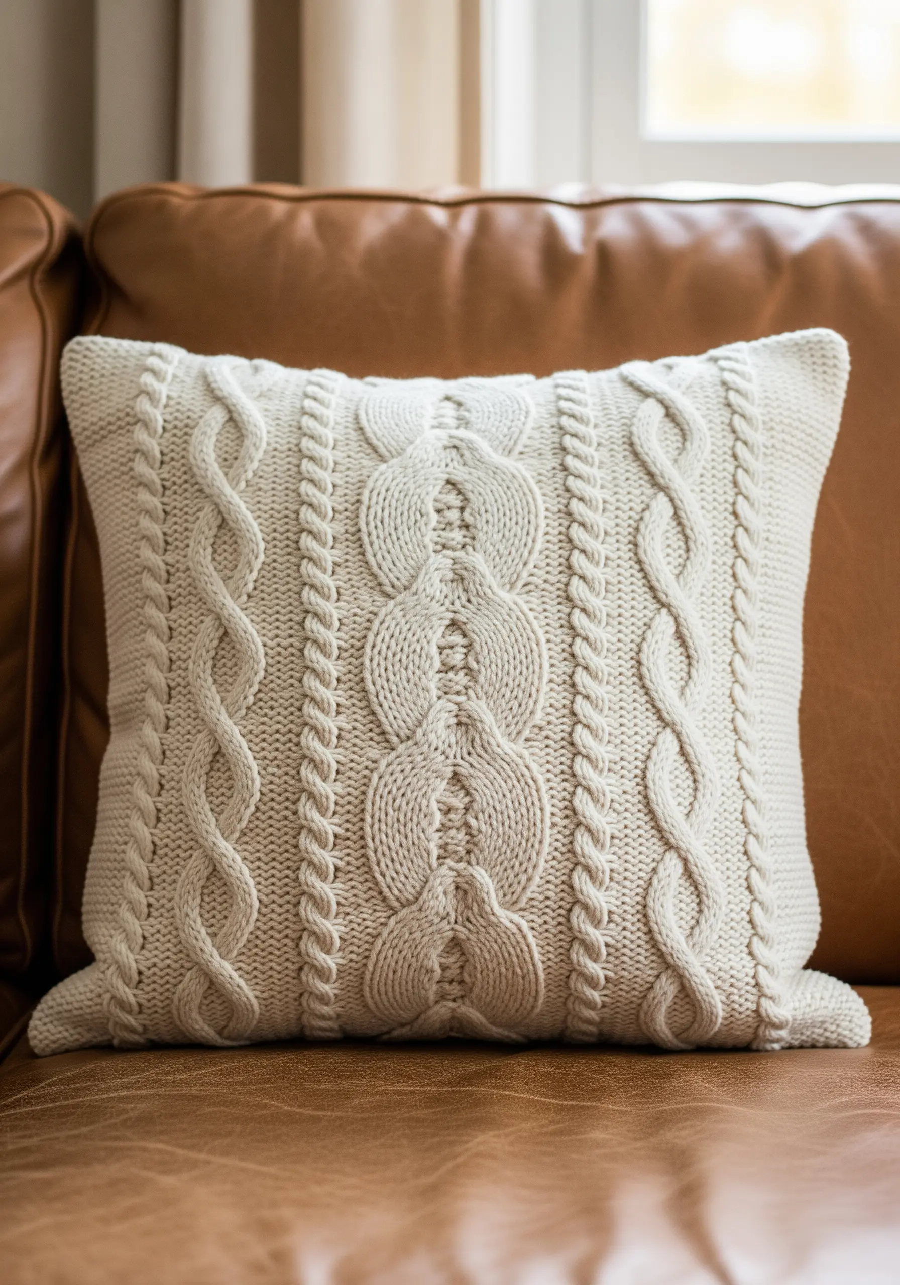 An embroidered pillow that mimics the texture of a cream cable-knit sweater.