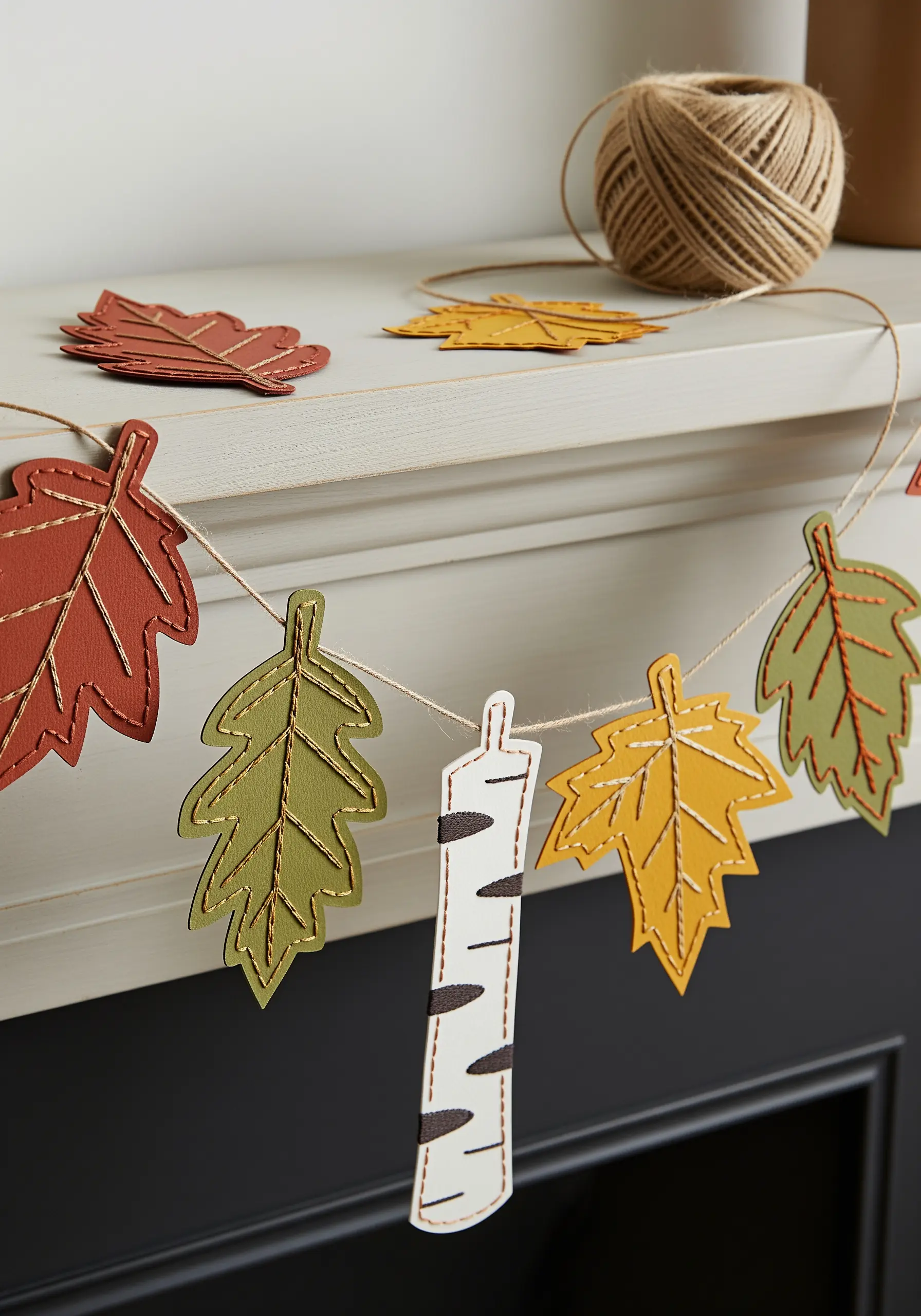 A garland of autumn-colored leaves made from paper with stitched vein details.