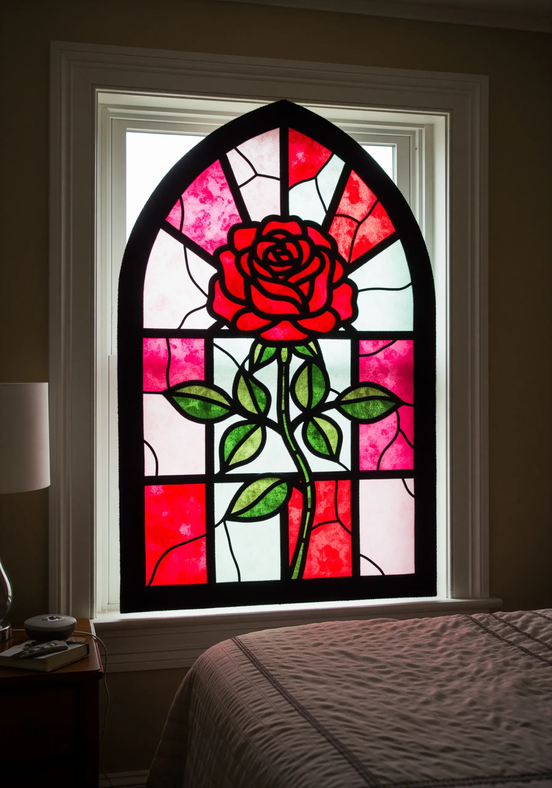 A fabric appliqué piece designed to look like a stained glass window of a rose.