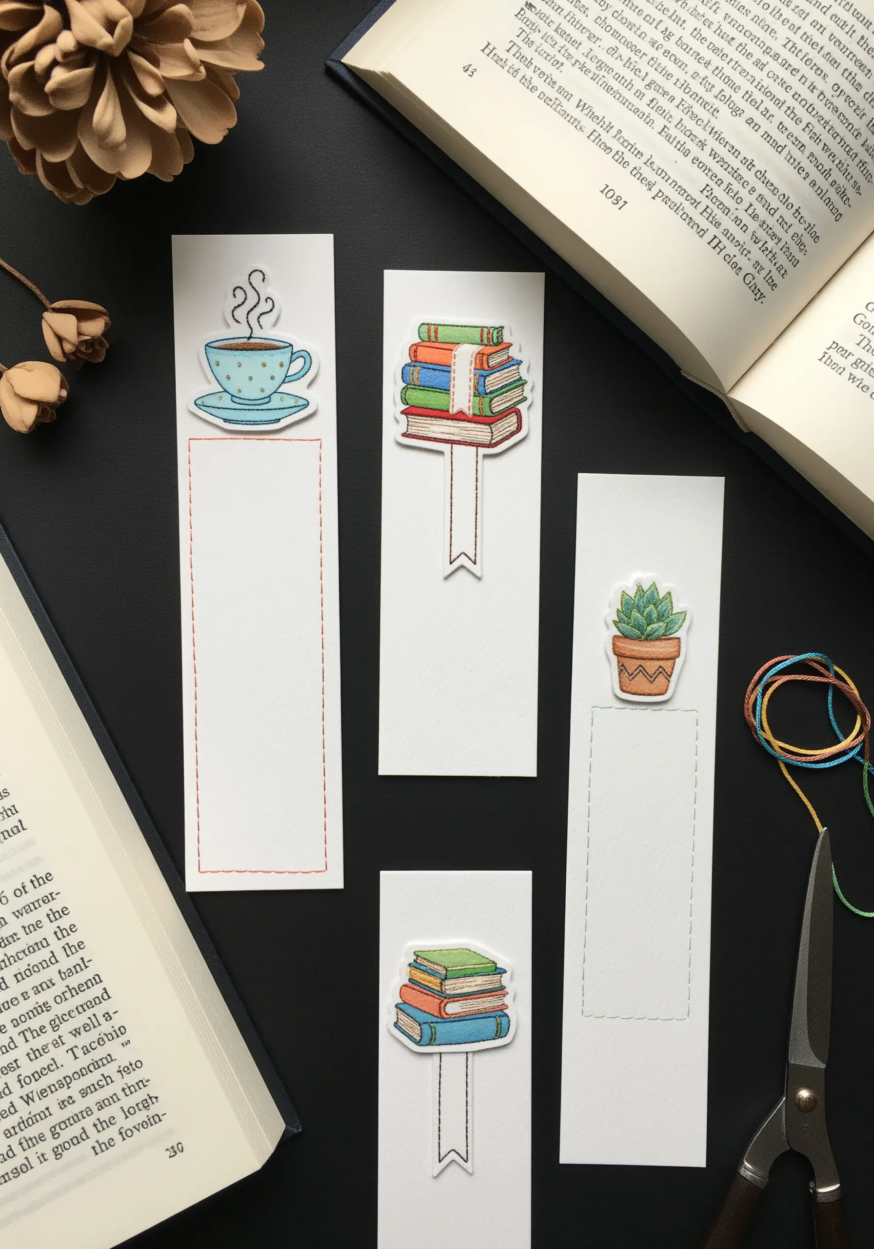 Paper bookmarks with watercolor illustrations and a hand-drawn stitched border effect.