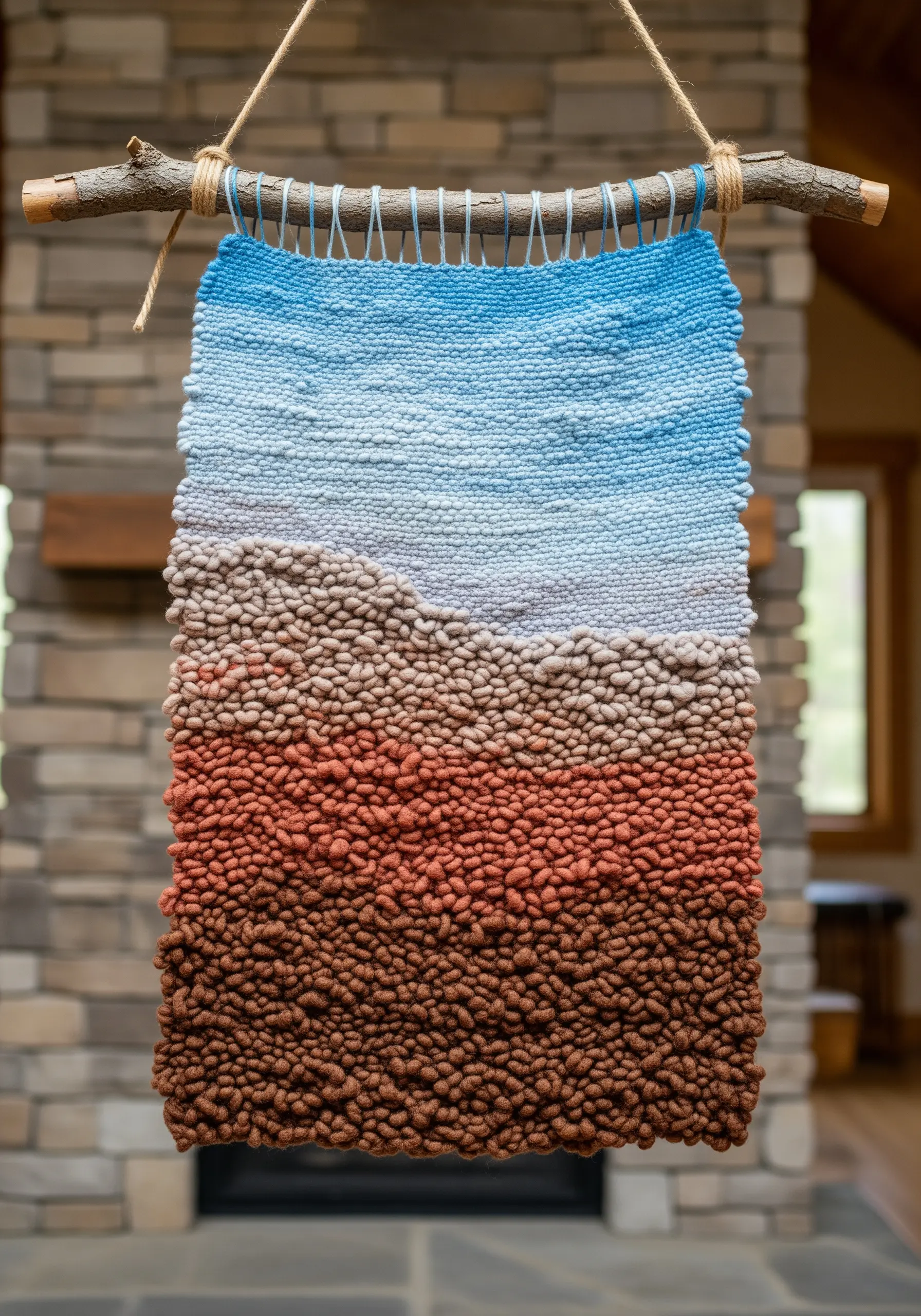 A textured wall hanging with a landscape-like gradient made with chunky, woven-style stitches.