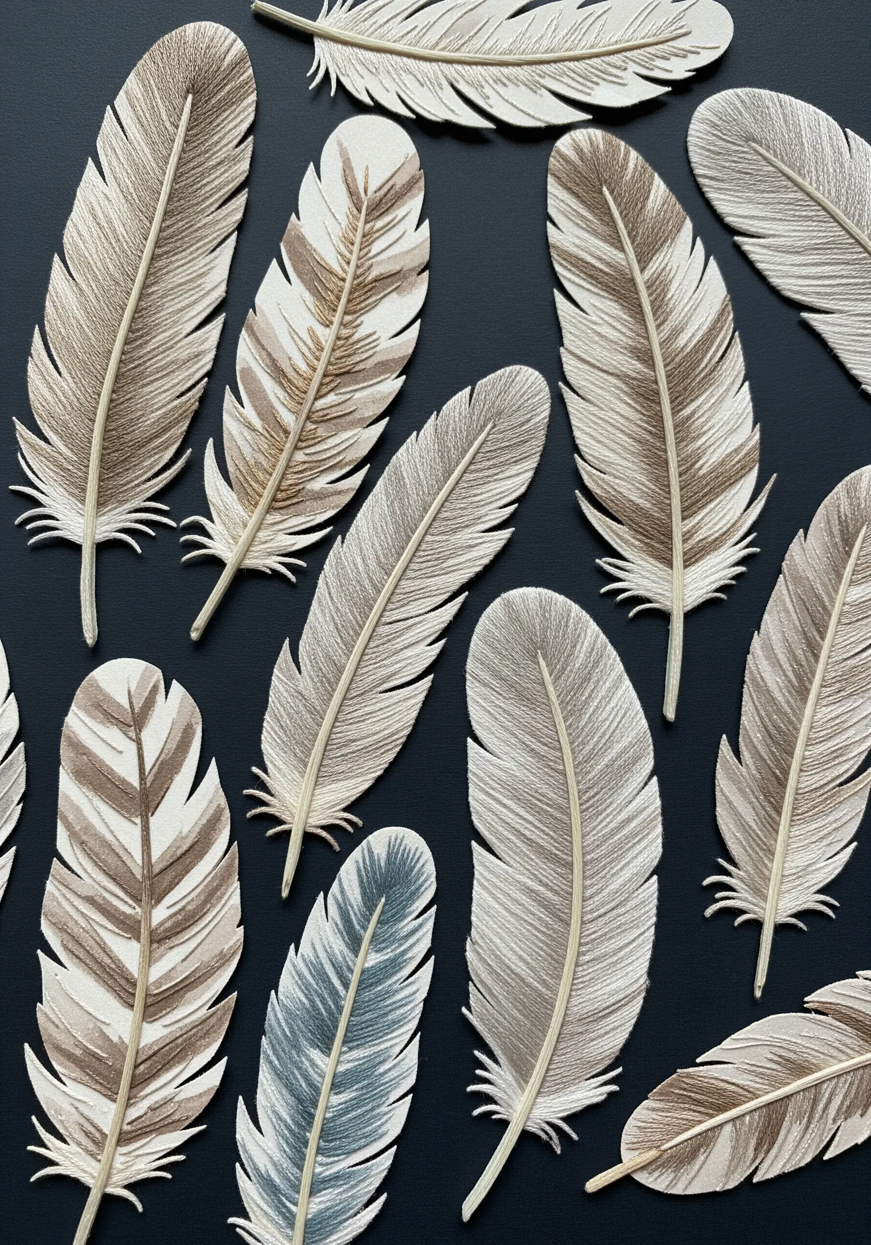 A collection of delicate paper feathers with fine cuts, inspiring embroidery texture techniques.