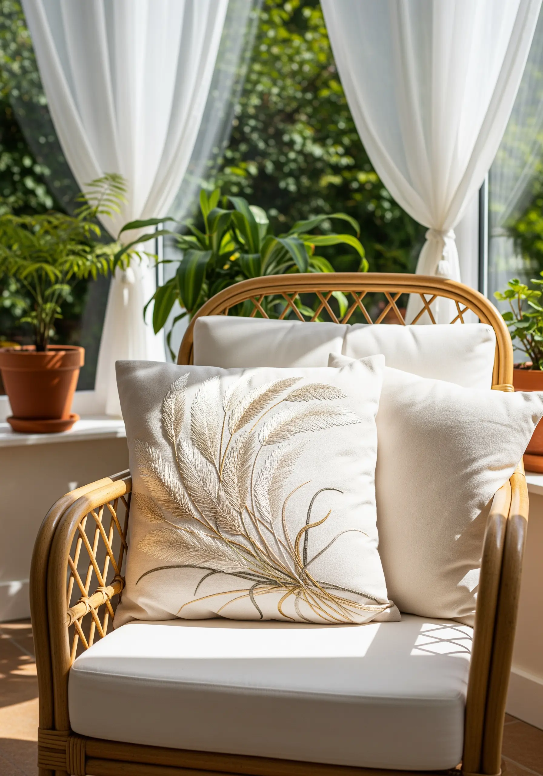 Embroidered pampas grass on a white cushion with textured, feathery fronds.