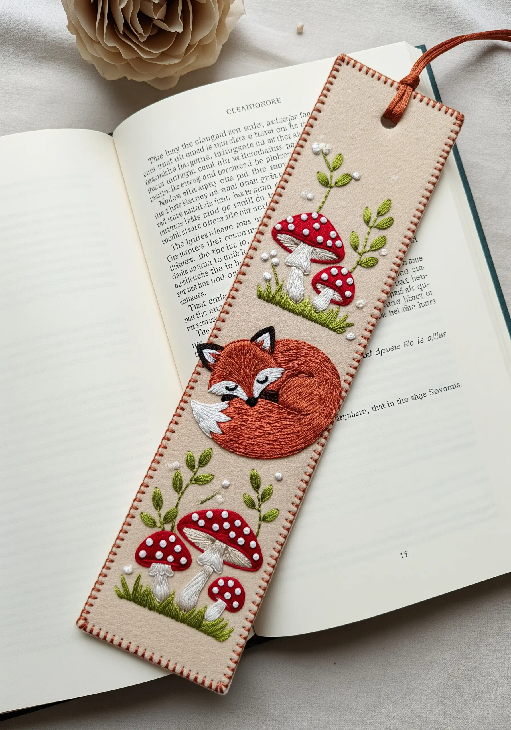 An embroidered felt bookmark featuring a sleeping fox, red-capped mushrooms, and green foliage.